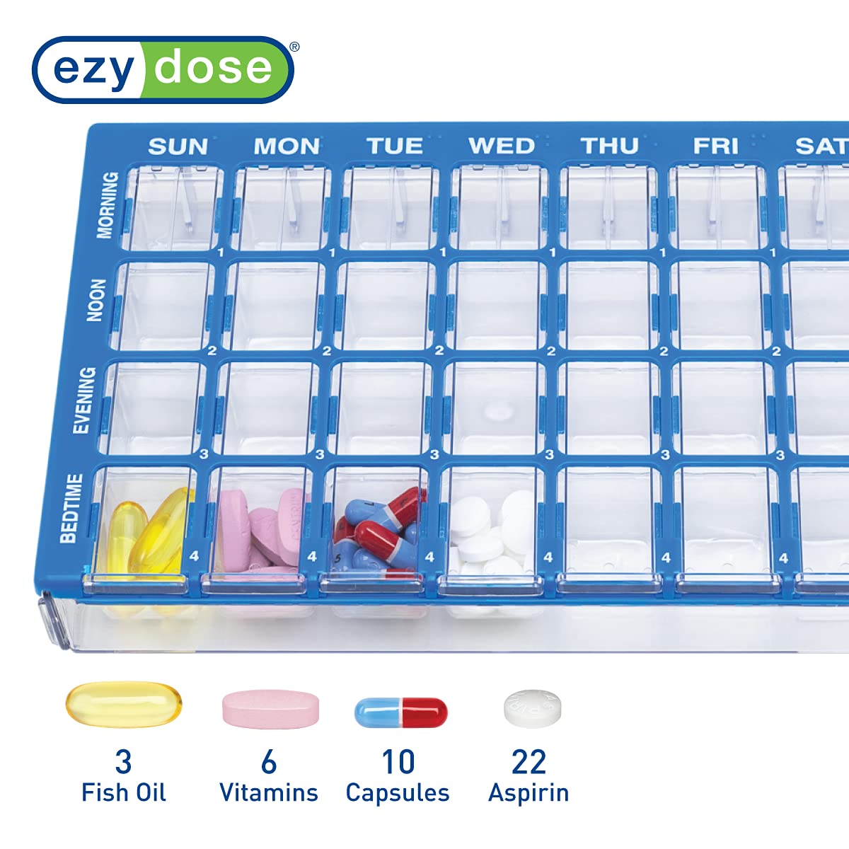 EZY DOSE Weekly (7-Day) Pill Organizer, Vitamin and Medicine Box, Medium Compartments with Easy Fill Tray, 4 Times a Day, Clear