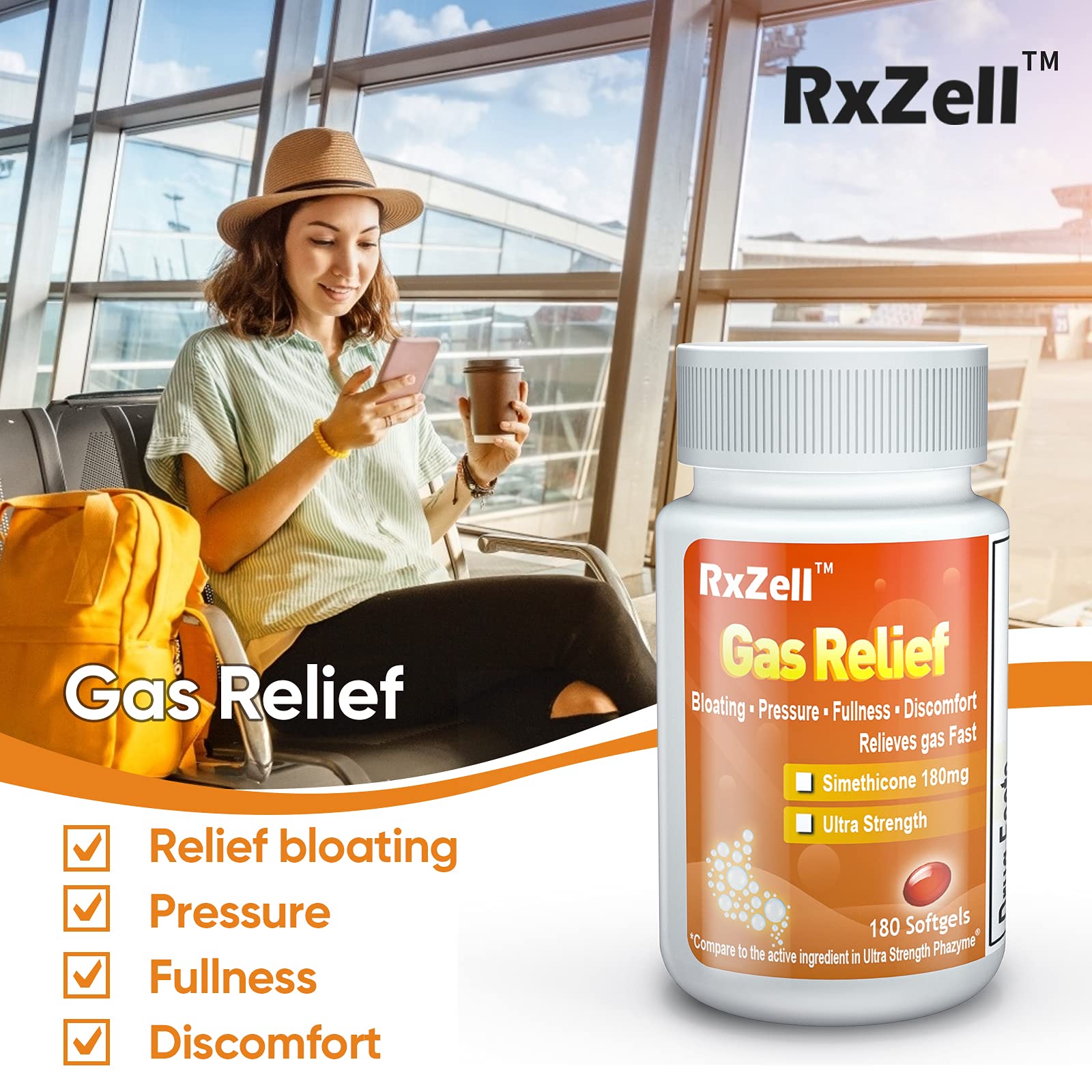 RXZELL Gas Relief, Maximum Strength Simethicone 250mg, 120 Softgels - Anti Flatulence Relieves Gas Fast, Bloating Aid, Stomach D