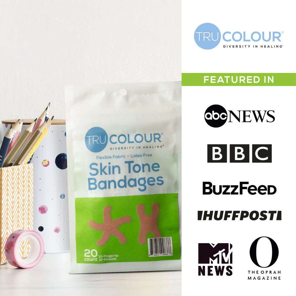 Tru Colour - Knuckle and Fingertip Bandages, Flexible Fabric Adhesive Bandages, Olive Skin Tone Shade, Green Bag, 20 Count