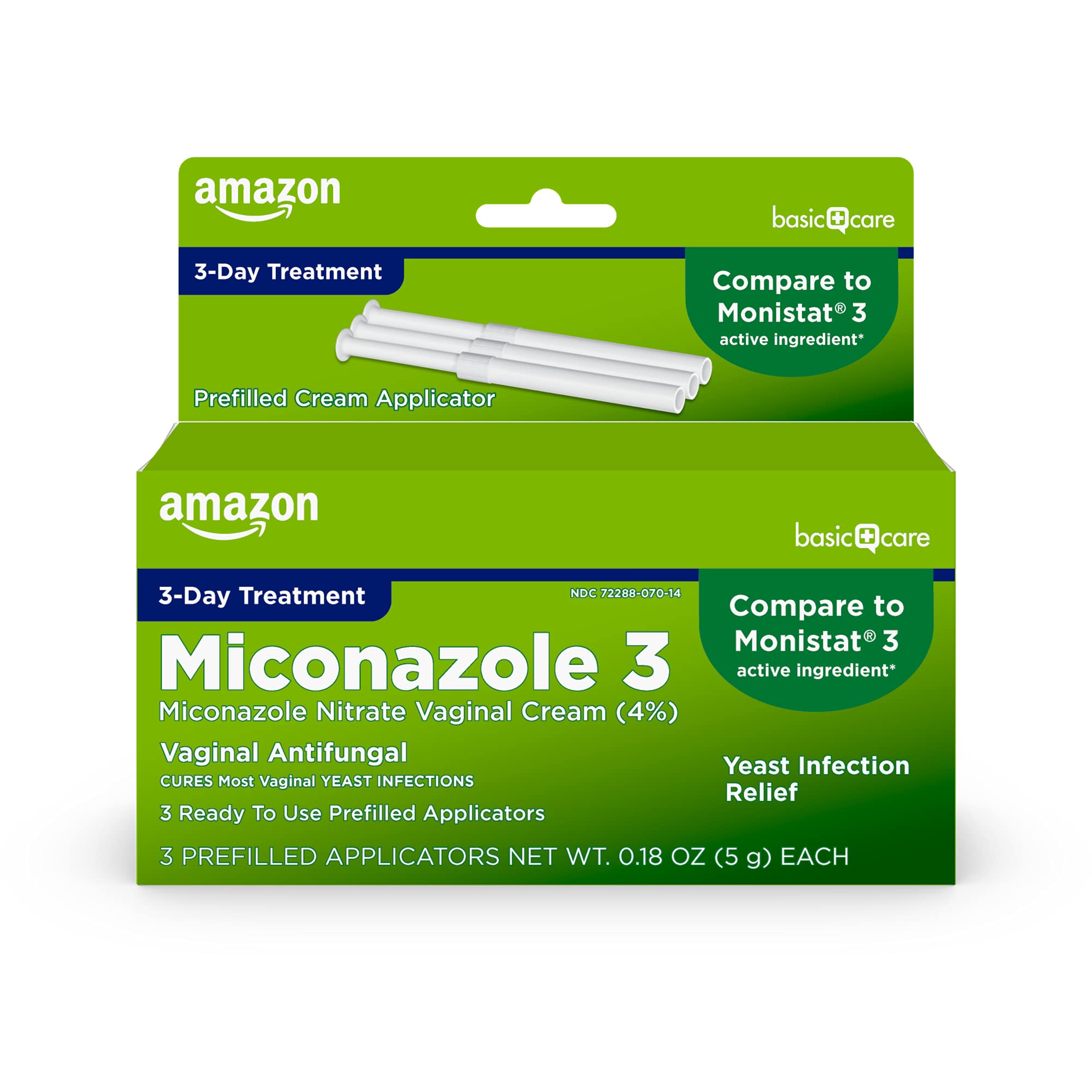Amazon Basic Care Miconazole Nitrate Vaginal Cream (4 Percent), 3-day Yeast Infection Treatment for Women, 0.18 ounce - 3 count 