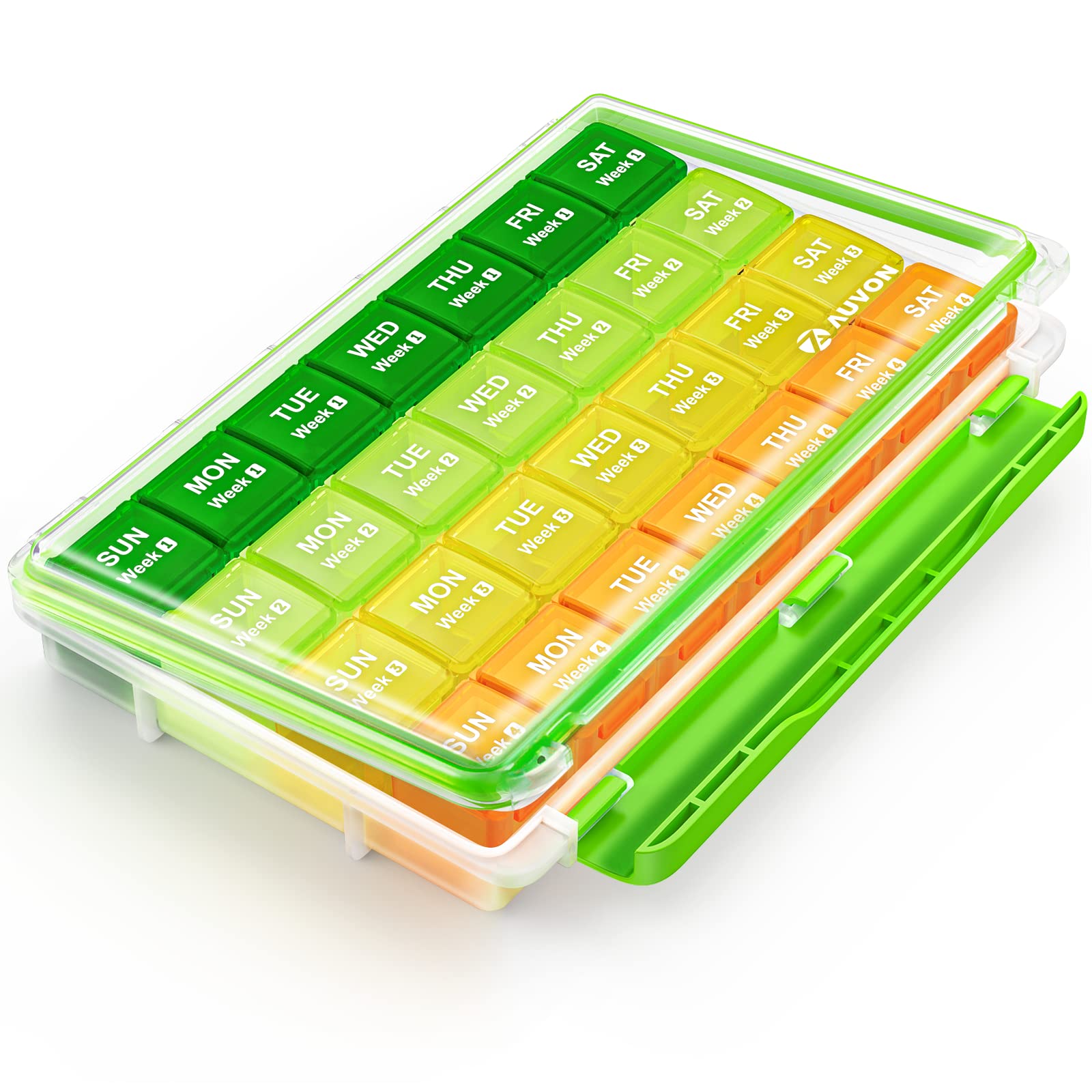 AUVON Monthly Pill Organizer Moistureproof, Large 28 Days Pill Case with Removable 4 Weeks Pill Box Rows, Travel-Friendly Pill C