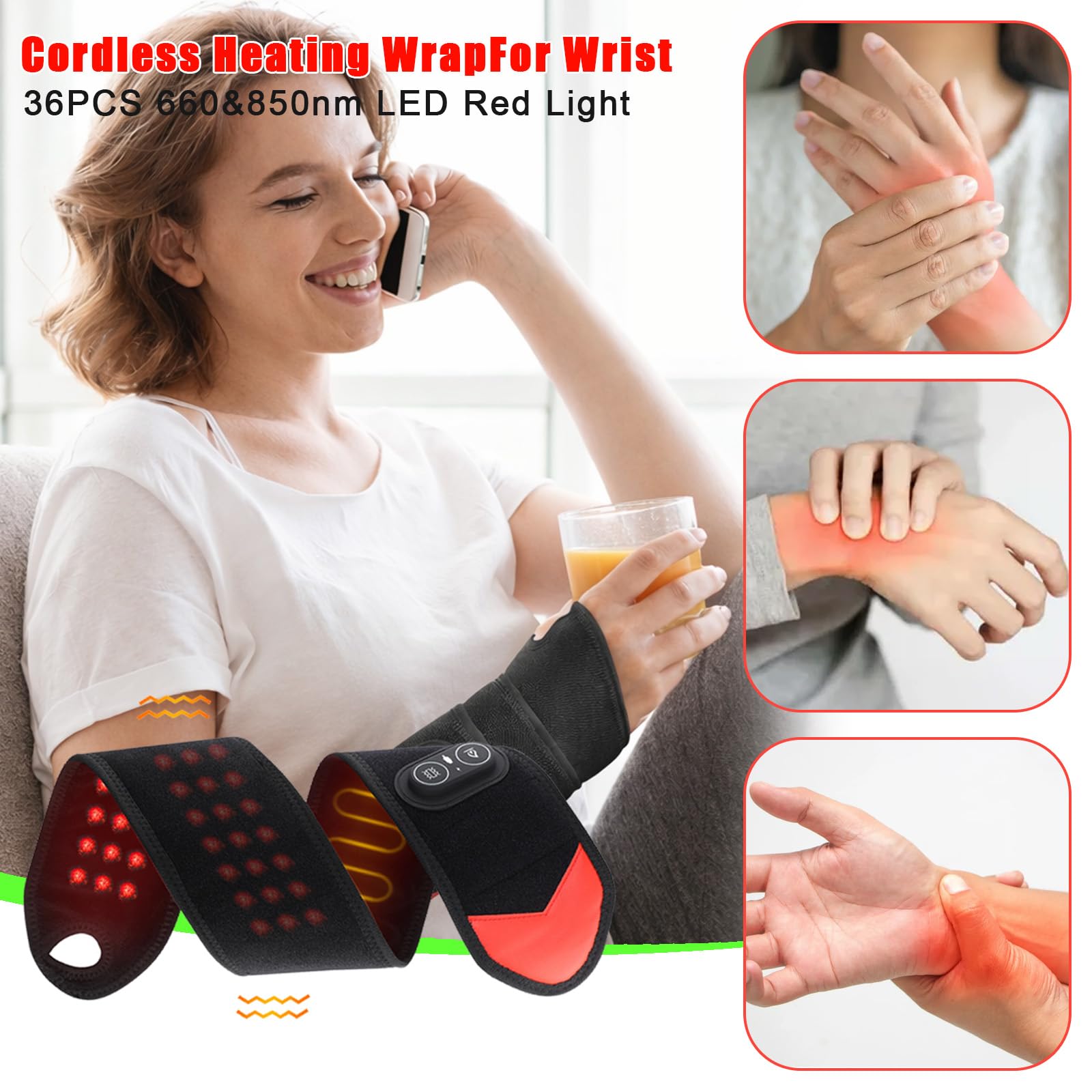 Red Light Therapy Wrist Heating Pad, 36 LED Beads & 3000mAh Battery, Cordless Rechargeable Heated Wrist Wrap with Vibration, 3 H