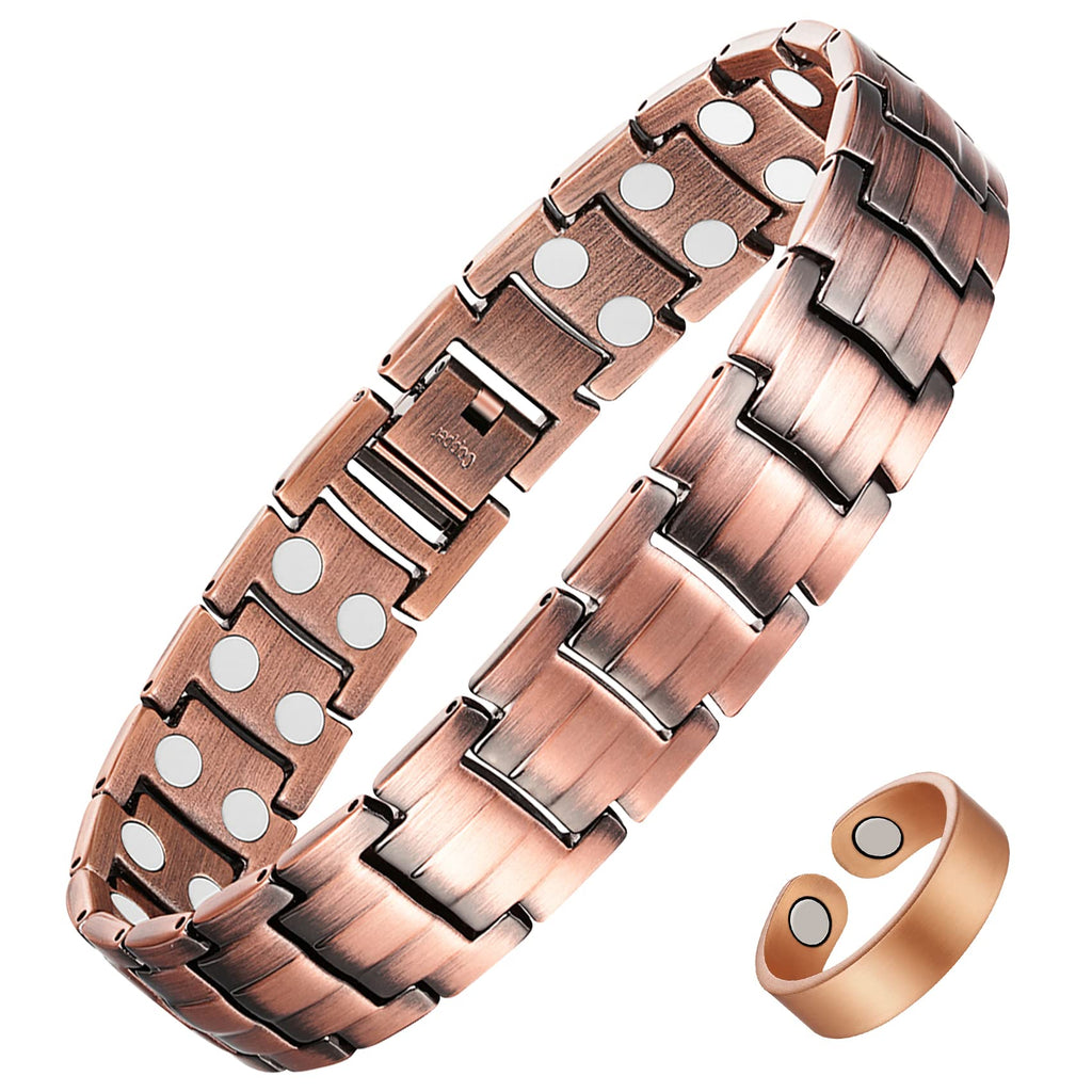 Feraco Men's Copper Magnetic Bracelet and Ring Elegant 99.99% Solid Copper Bracelets with Double-Row Strong Magnets, Magnetic Fi