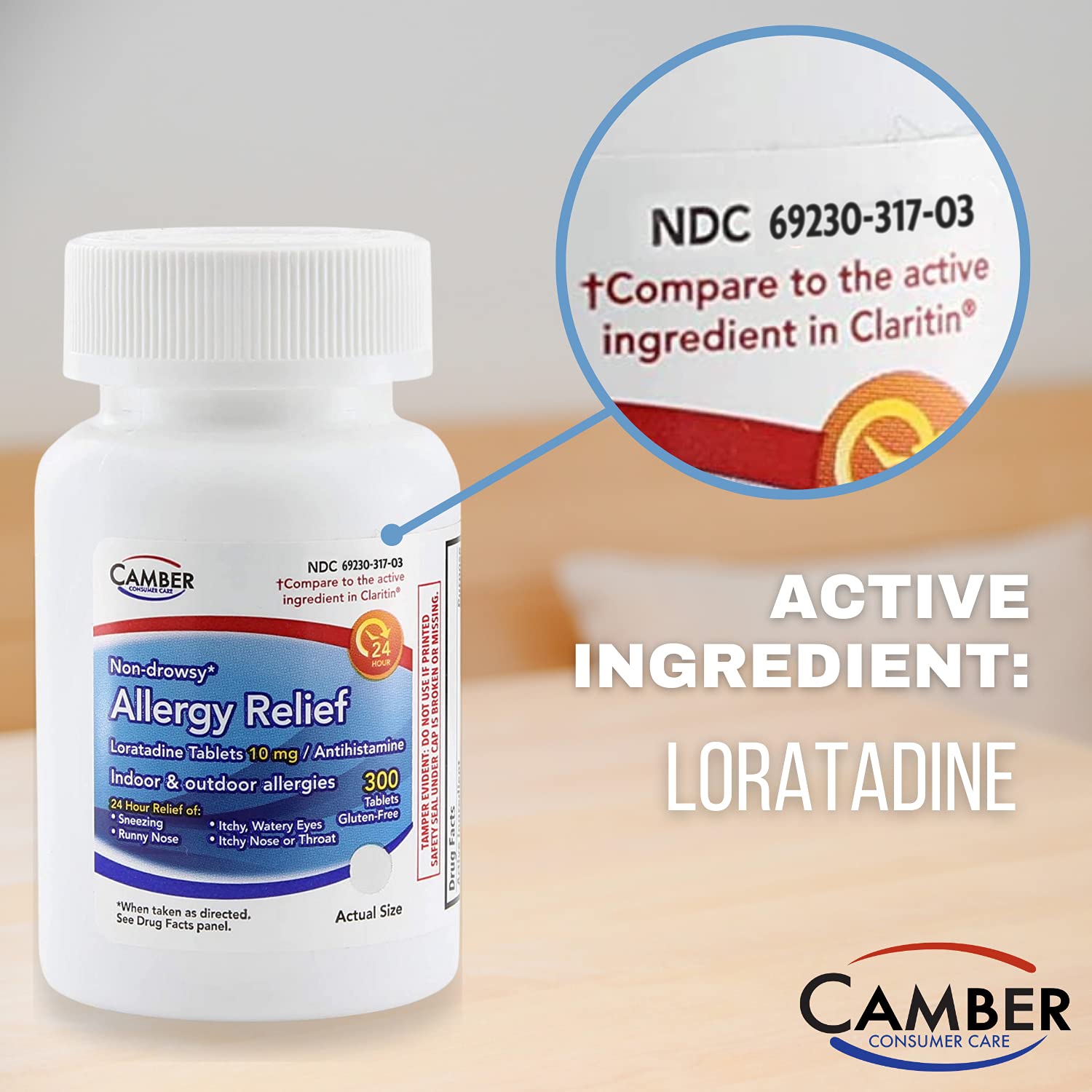 Camber Consumer Care Loratadine 10mg Allergy Pills, Antihistamine 24 Hour, Non Drowsy Allergy Relief (300 Tablets)
