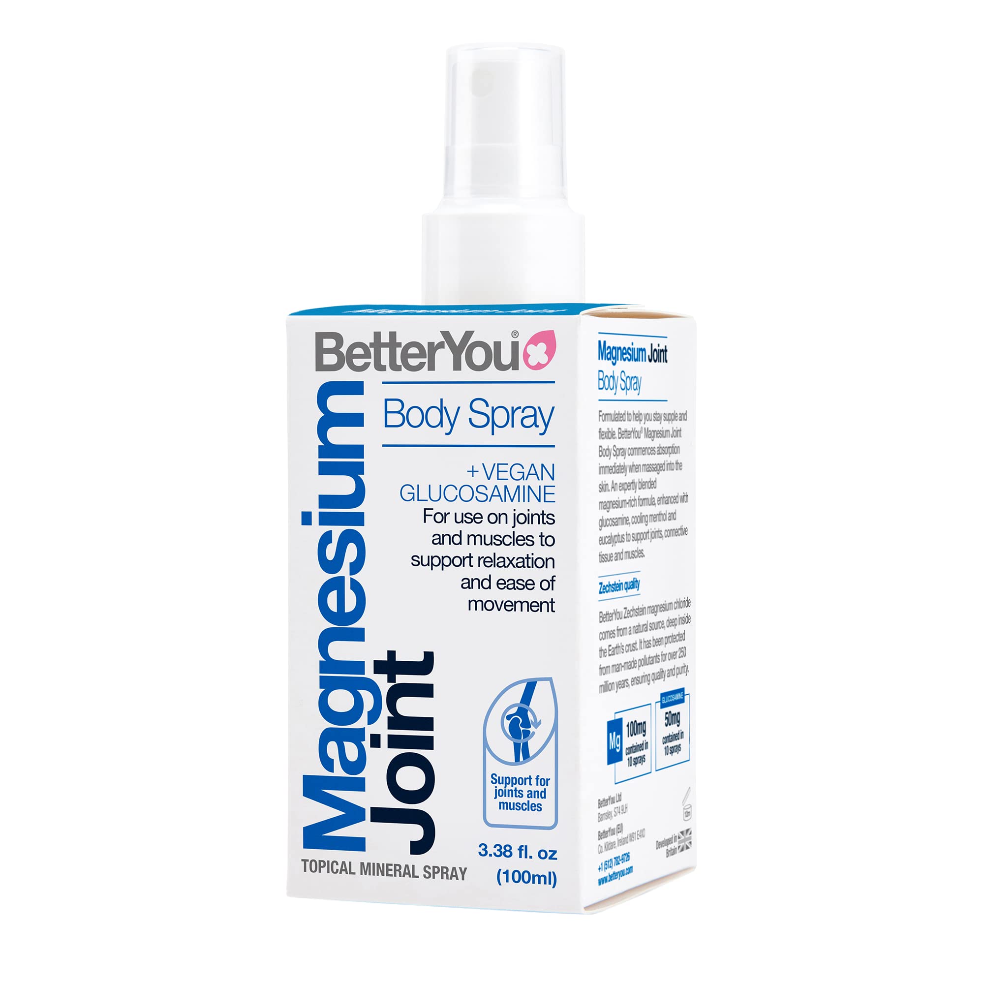 BetterYou Magnesium Joint Body Spray - Muscle Relief Spray - Topical Magnesium Chloride and Glucosamine - Cooling Menthol and Eu