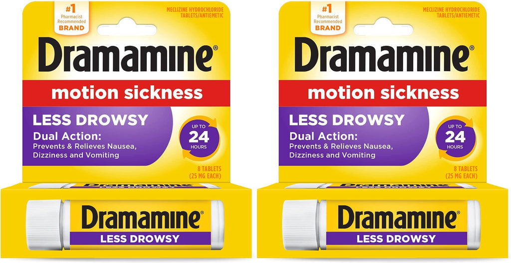 Dramamine All Day Less Drowsy Motion Sickness Relief | 8 Tablets Included (Pack of 2)