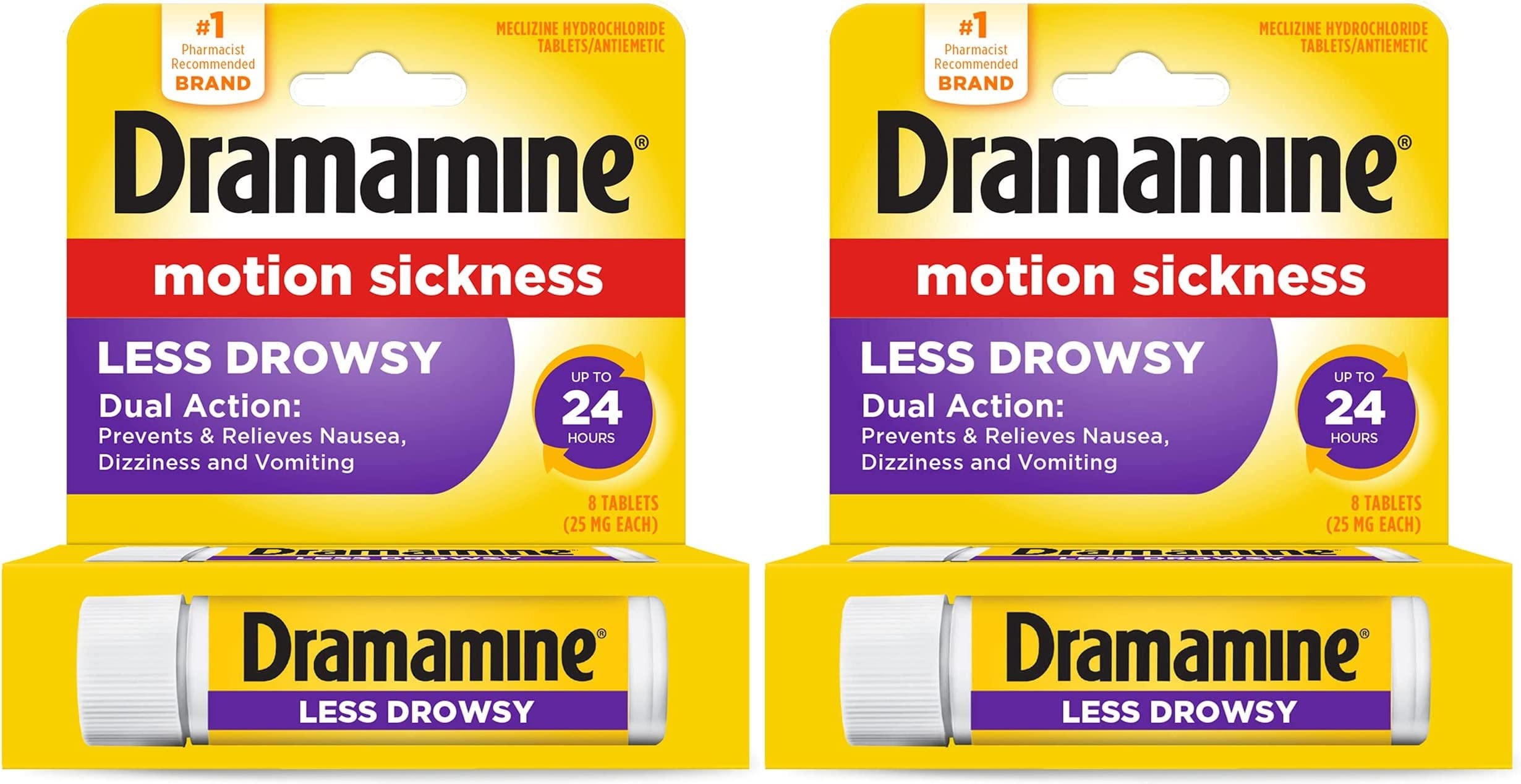 Dramamine All Day Less Drowsy Motion Sickness Relief | 8 Tablets Included (Pack of 2)