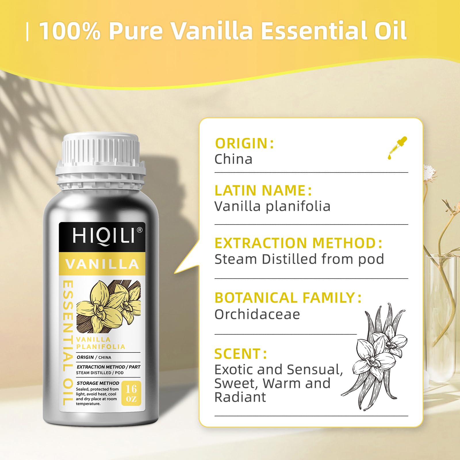 HIQILI 16 Ounces Vanilla Essential Oil, Strong Fragrance for Body Lotion, Candle Making, Soap, Aromatherapy-16 Fl Oz