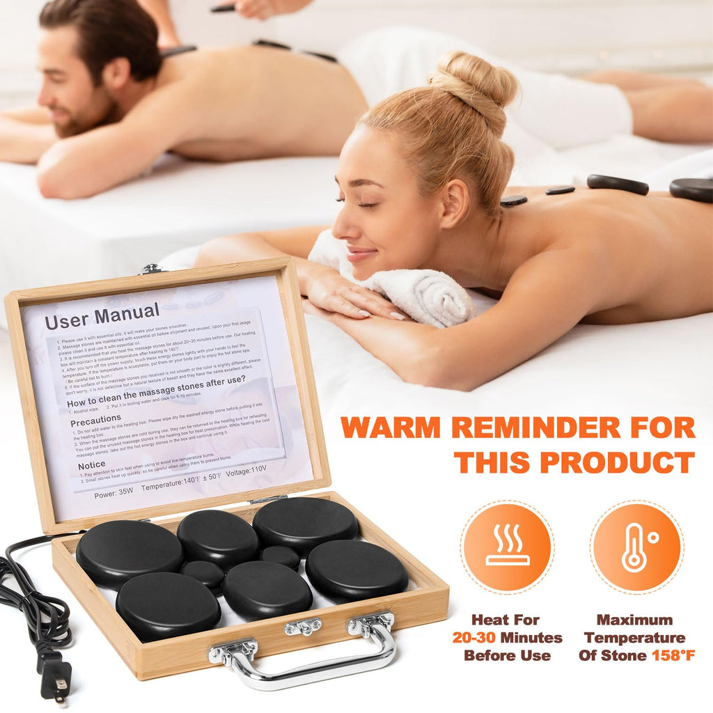 Primachen Hot Stone Massage Kit Warmer and Stones, 10 Pcs Bamboo Box Hot Stone Warmer, Hot Rocks Basalt Massage Stones for Home