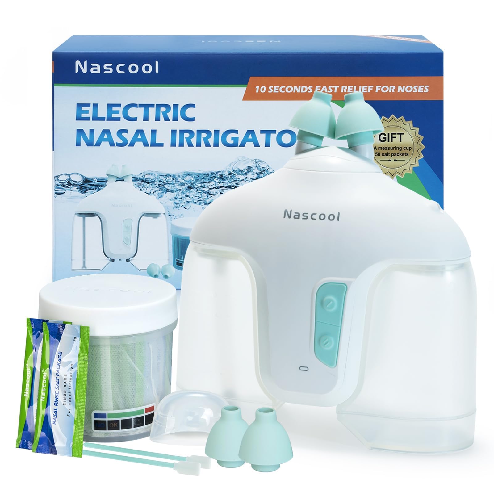 Nascool Electric Nasal Irrigation System with 50 Salt Packets, 2 Modes Nose Cleaner with SelfCleaning & Auto Waste Collection Fu