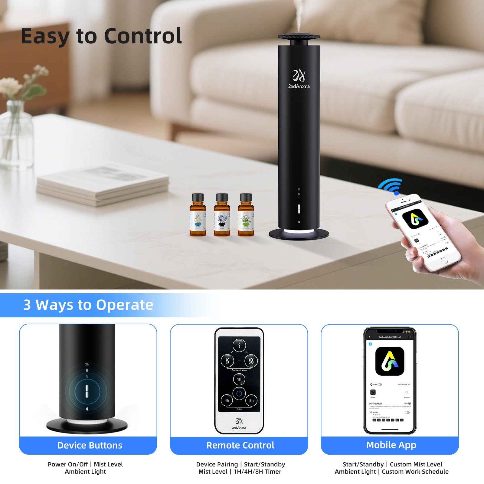 2ndAroma Waterless Scent Diffuser Starter Kit, Diffusers for Home Office Hotel 1000 Sq Ft Coverage, Cordless Essential Oil Diffu