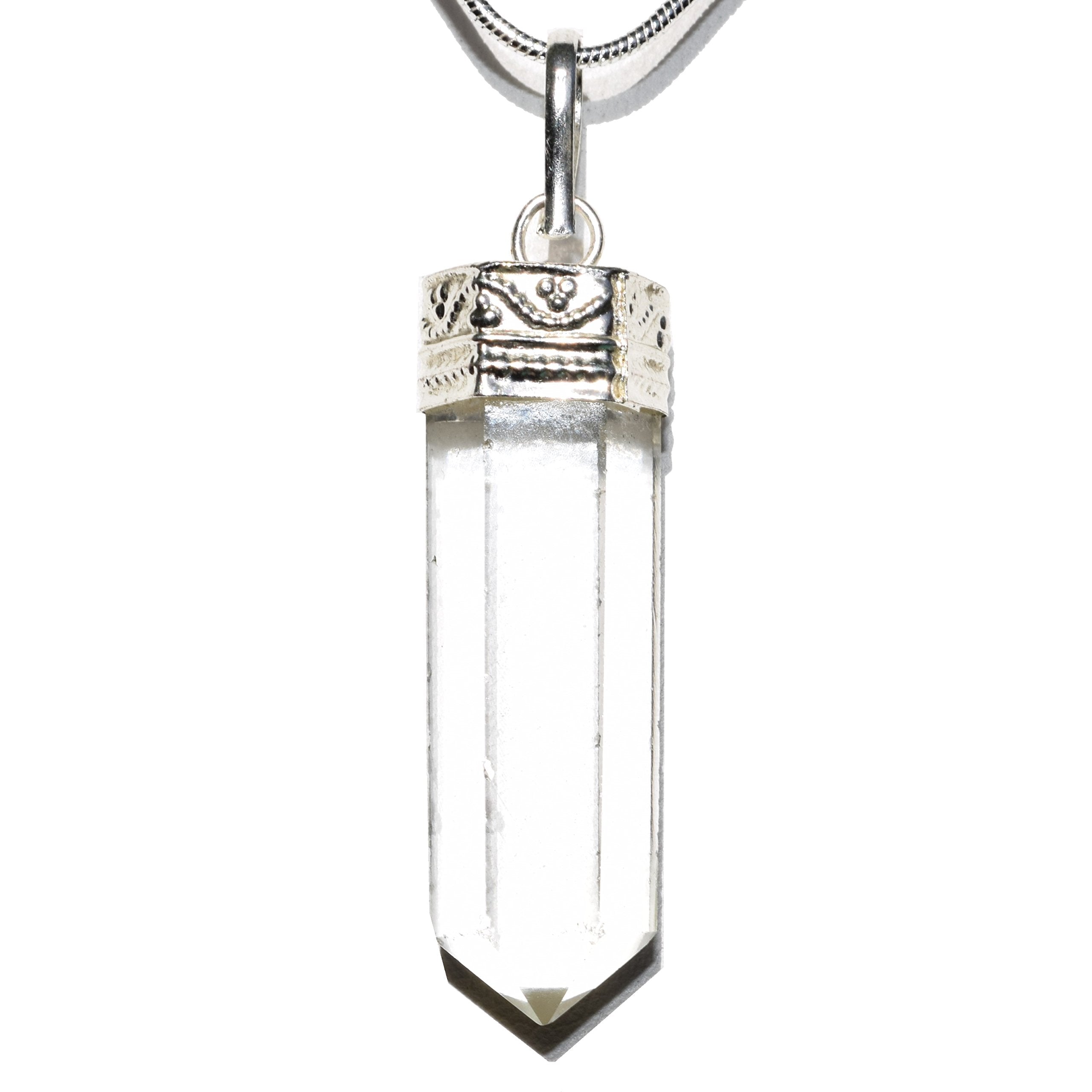 Zenergy Gems CHARGED Faceted Natural Amplifier Clear Quartz Crystal Perfect Pendant + 20'' Silver Chain + Selenite Heart Chargin