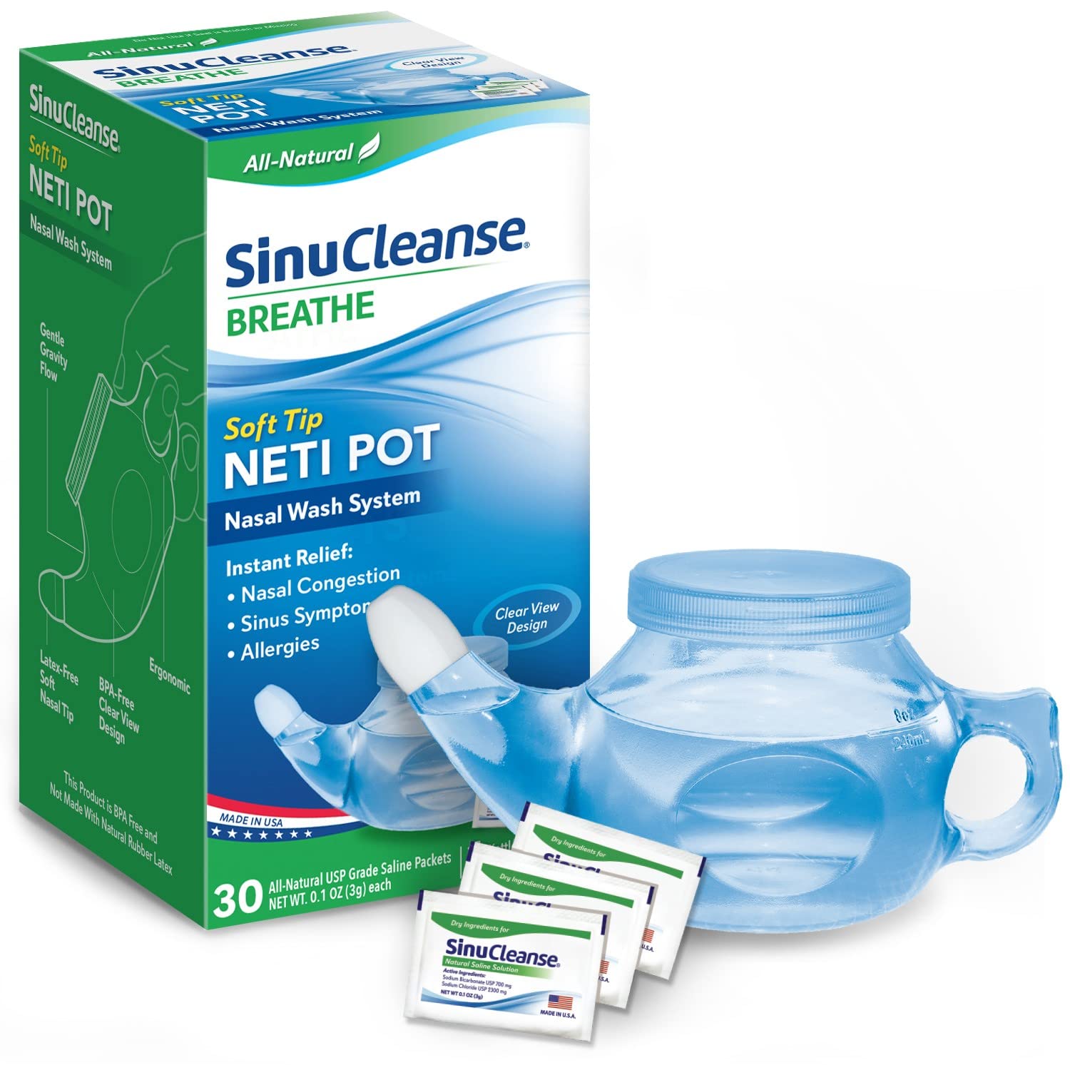 SinuCleanse Soft Tip Neti-Pot Nasal Wash System, Relieves Nasal Congestion Due to Cold & Flu, Dry Air, Allergies, 30 All-Natural