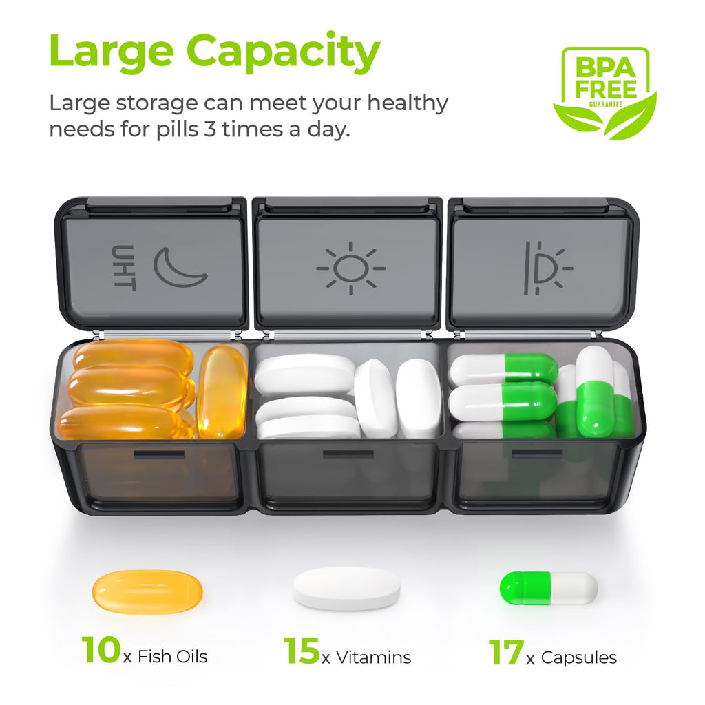 AUVON Weekly Pill Organizer 3 Times a Day, Large Pill Box 7 Day with Dual Protection for Travel, Black Pill Case for Privacy Pro