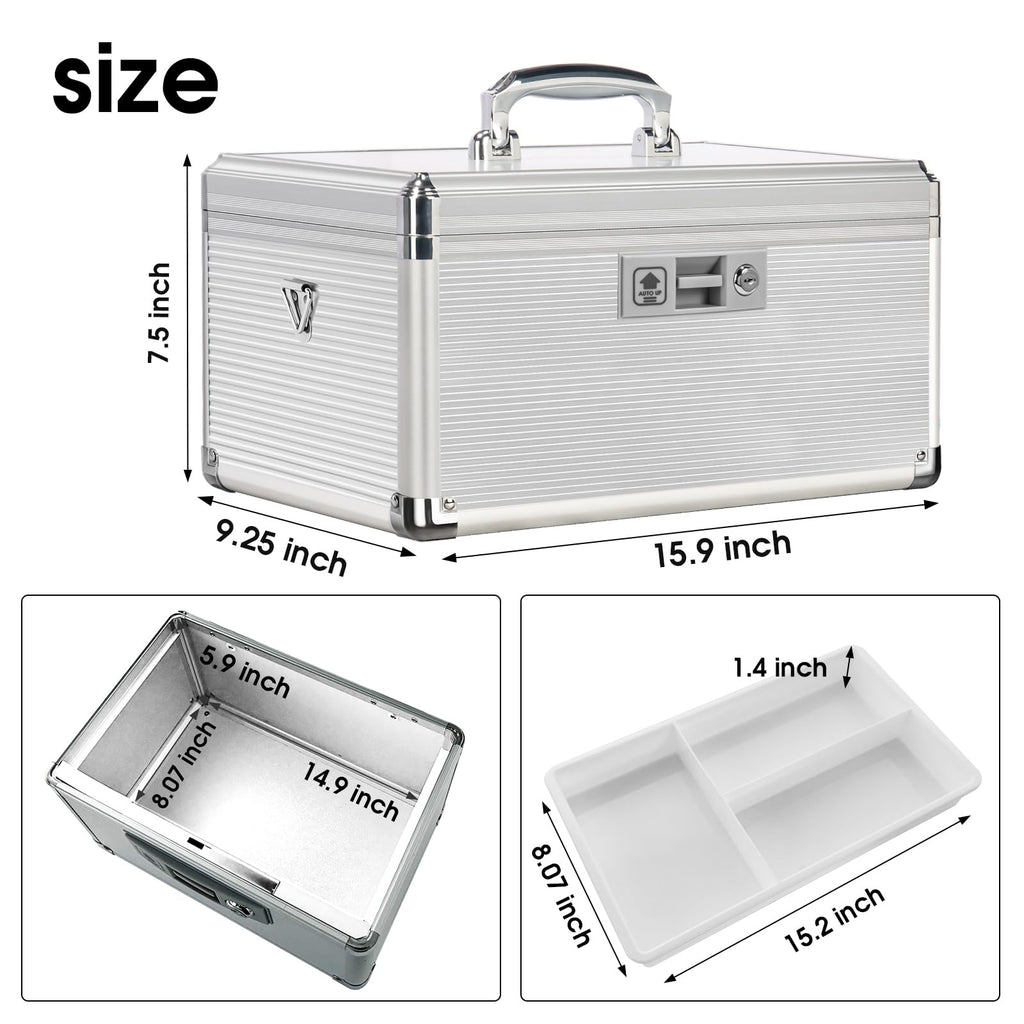 ZORVIDSON Medicine Lock Box, First Aid Kit Medication Storage Box with Lock, Layered Aluminum Daily Medicine Box with Key Family
