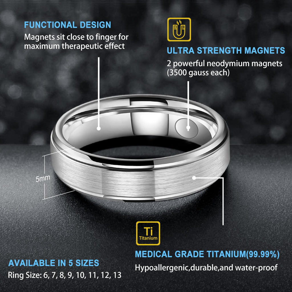 JEROOT 8mm Black Titanium Magnetic Ring for Men, 5mm Silver Pure Titanium Magnetic Ring for Women, Healing Ring with 3500 Gauss