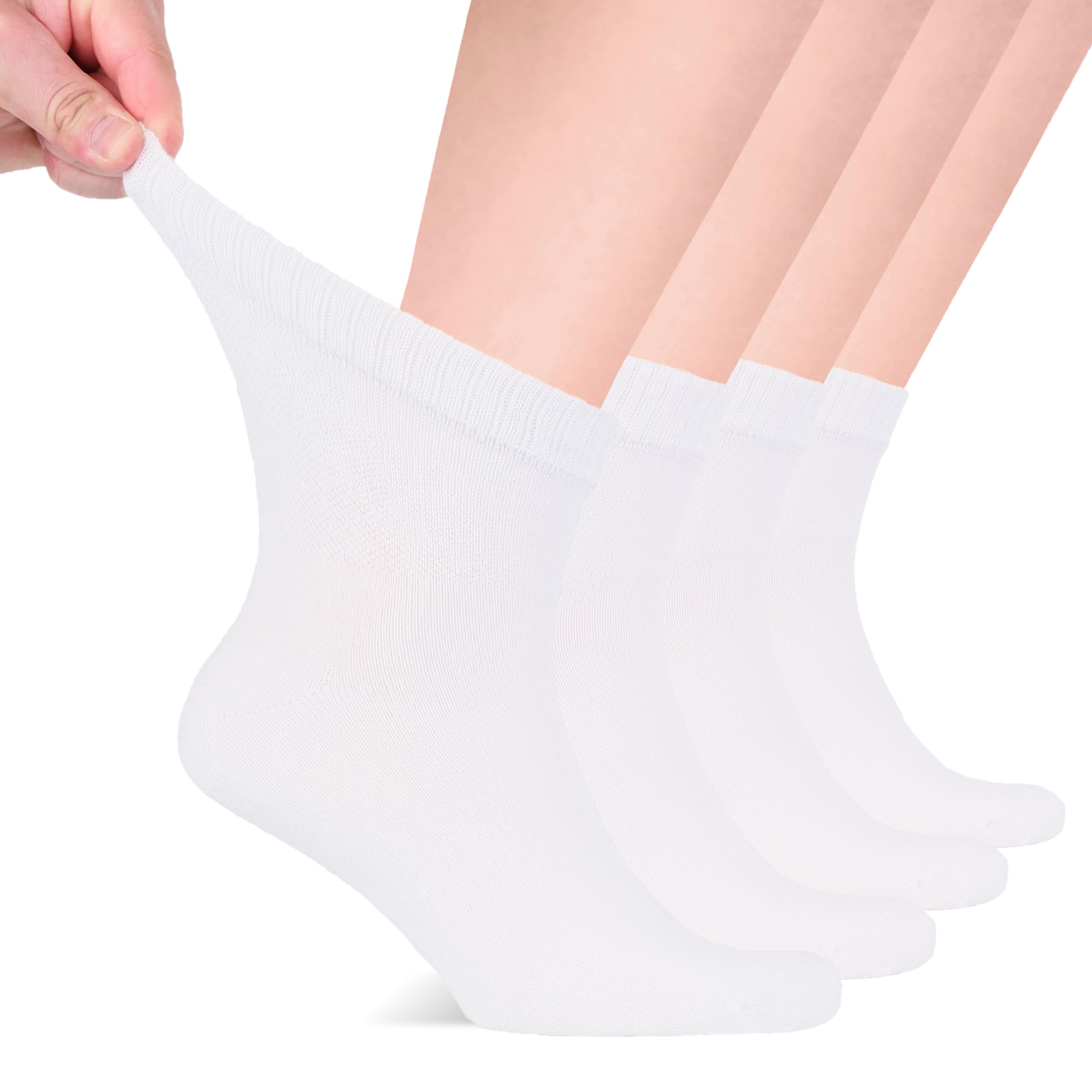 Hugh Ugoli Men's Loose Diabetic Ankle Socks Bamboo, Wide, Thin, Seamless Toe and Non-Binding Top, 4 Pairs, White, Shoe Size: 8-1