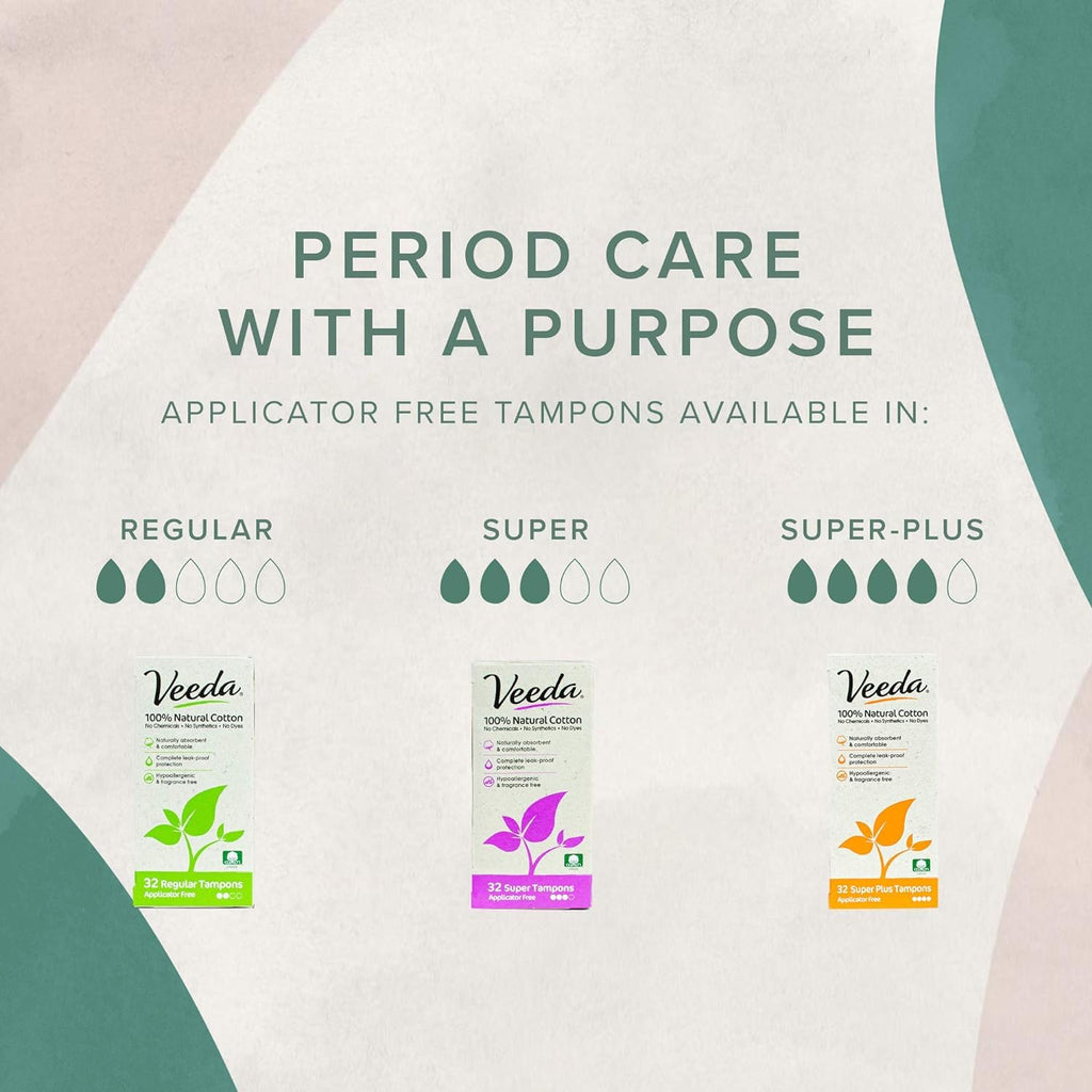 Veeda 100% Natural Cotton Compact Tampons Super Plus Absorbency - Non-Applicator Tampons with leak proof protection - Unscented,