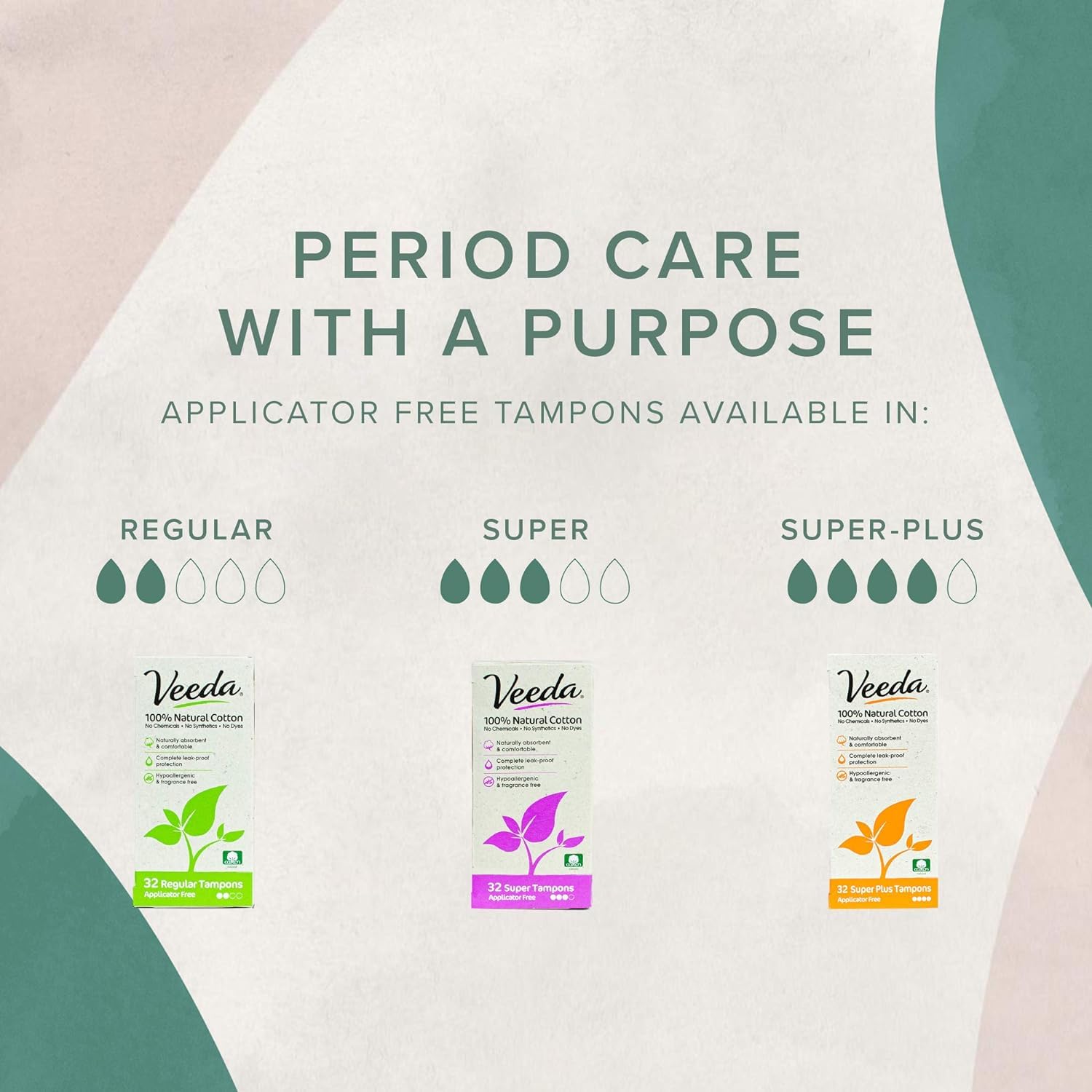 Veeda 100% Natural Cotton Compact Tampons Super Plus Absorbency - Non-Applicator Tampons with leak proof protection - Unscented,