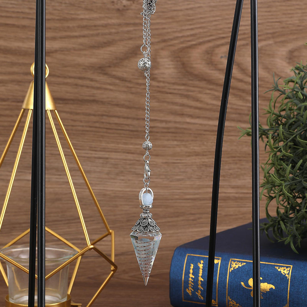 COMNICO Healing Crystal Pendulums, Aquamarine Spiritual Hexagonal Pointed Cone Resin Pendants with Chain, Divination Dowsing Too