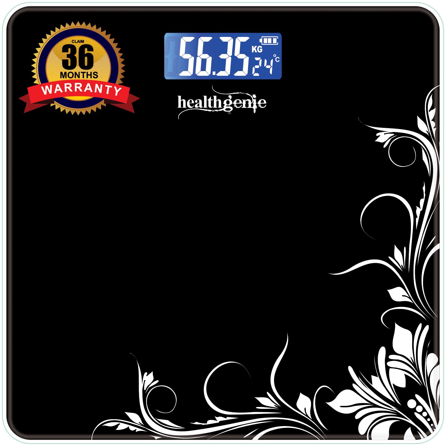 Healthgenie Weight Machine for Body Weight With 3 Yrs Warranty & Thick Tempered Glass LCD Display Digital Weighing Machine (Blac