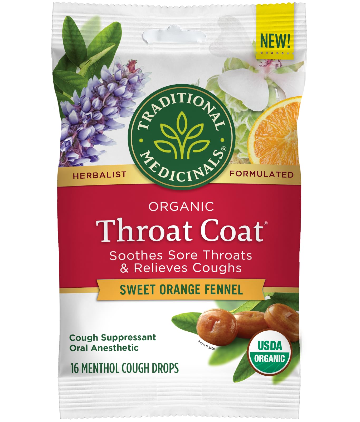 Traditional Medicinals Lozenges, Organic Throat Coat Sweet Orange Fennel, Soothes Sore Throats & Relievs Coughs, 16 Individually