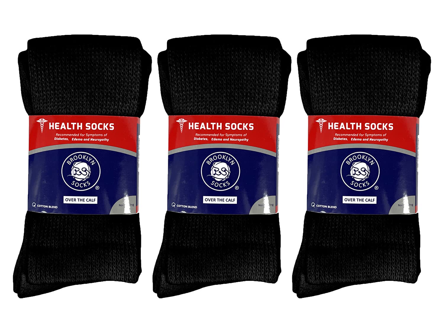 6 Pairs of Diabetic Over The Calf - Knee High Cotton Socks (Black - 6 Pairs, Fit Men's Shoe Size 10-12)