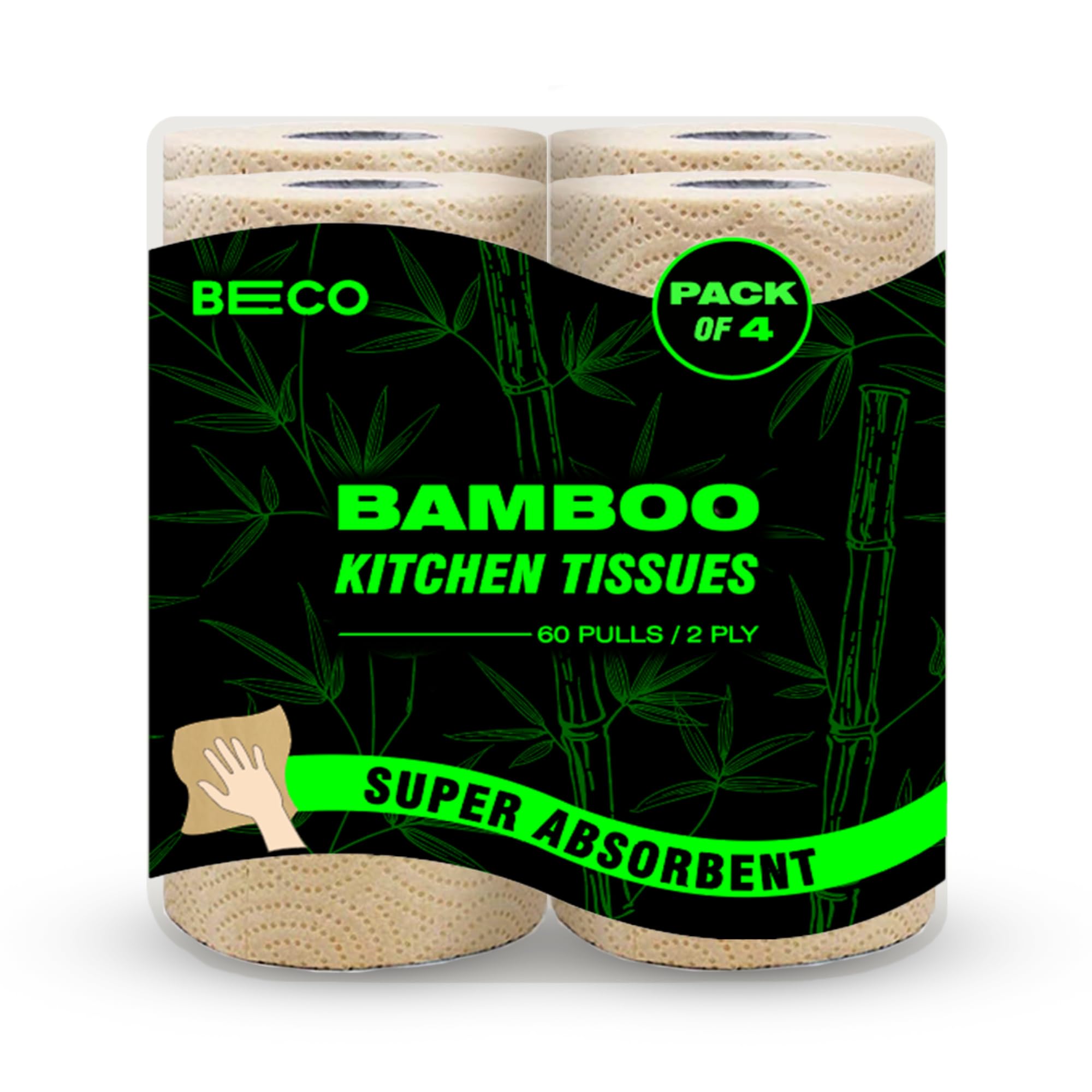 Beco Bamboo 2 Ply Kitchen Tissue/Towel Roll | 240 Pulls (60 Pulls X 4 Rolls) | 100% EcoFriendly  Pure Bamboo Pulp |Soft & Sup