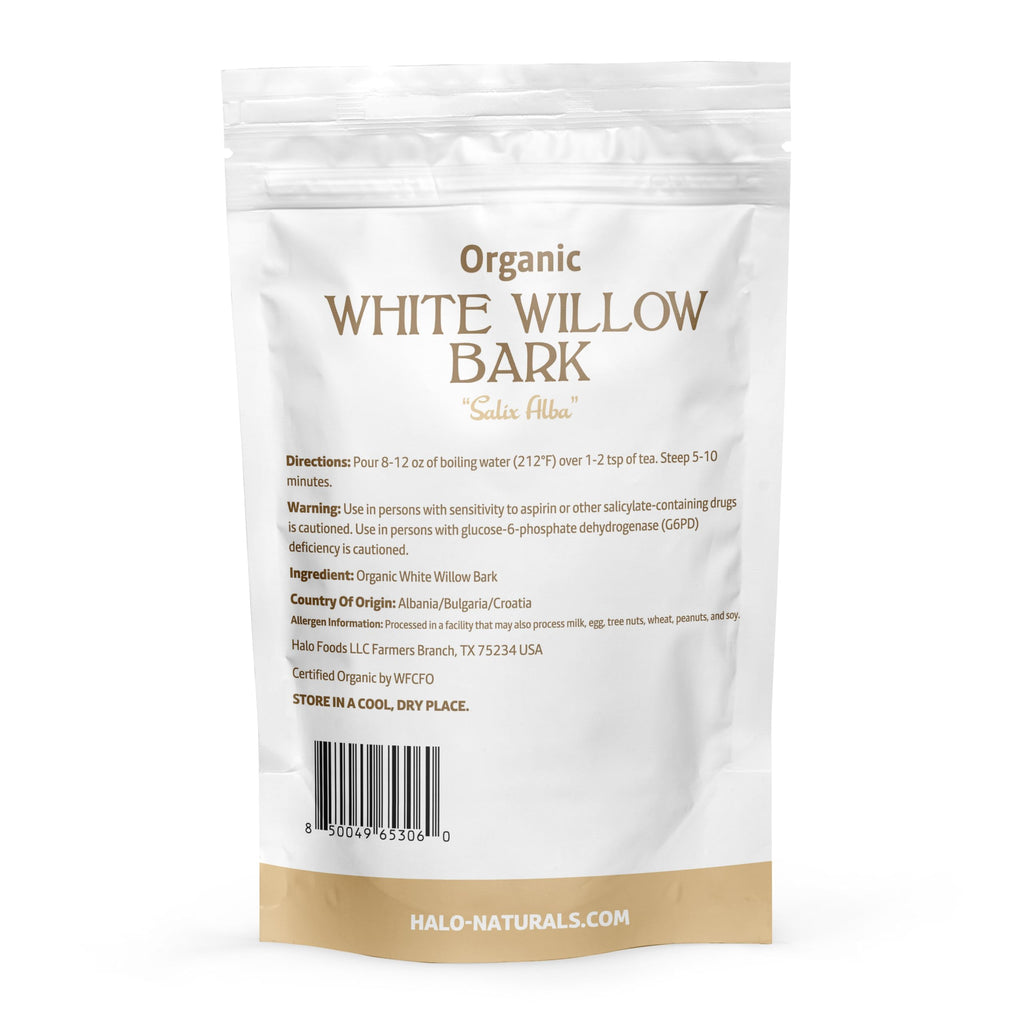 Halo Naturals Organic White Willow Bark Cut & Sifted, 4 Ounces (Salix alba) USDA Certified | Resealable Pouch| Packaged in The U
