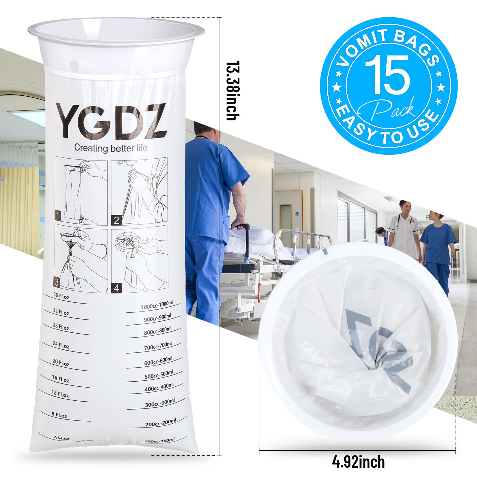 YGDZ Vomit Bags, 15 Pack Vomit Bags Disposable, 1000ml Barf Bags, Leak Resistant Throw Up, Portable Emesis Bags Puke Nausea Bags