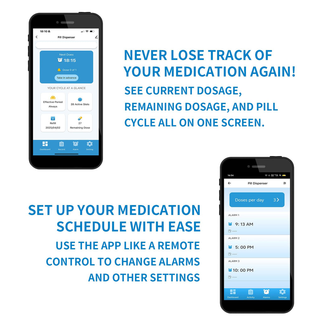 EziMedPil Bluetooth Pill Dispenser w/Sound & Light Alerts, up to 9 Alarms/Daily, Key Lock, LCD & Easy Setup on SmartLife App, 28