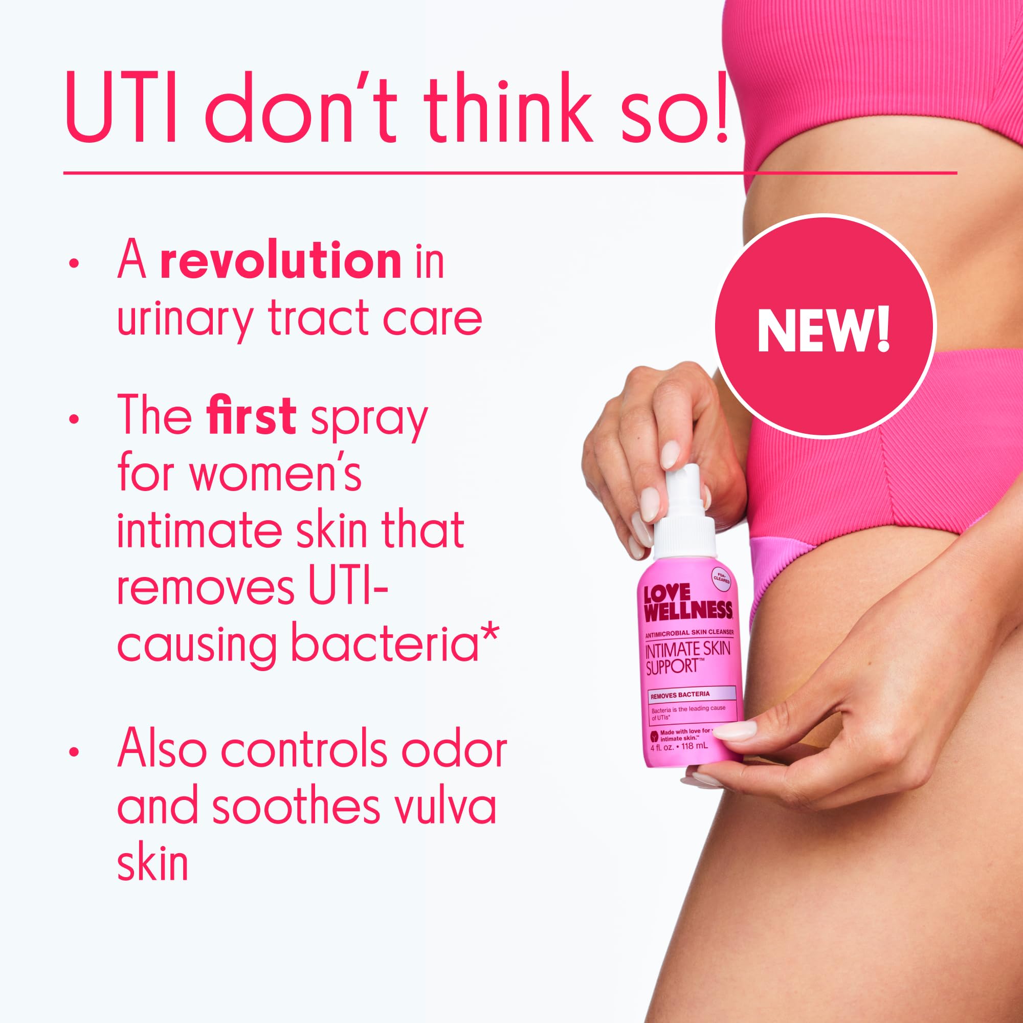 Love Wellness Intimate Skin Support I UTI Prevention and Cleanser Spray I Odor Removal & Itch Relief, Hypochlorous Acid Formula,