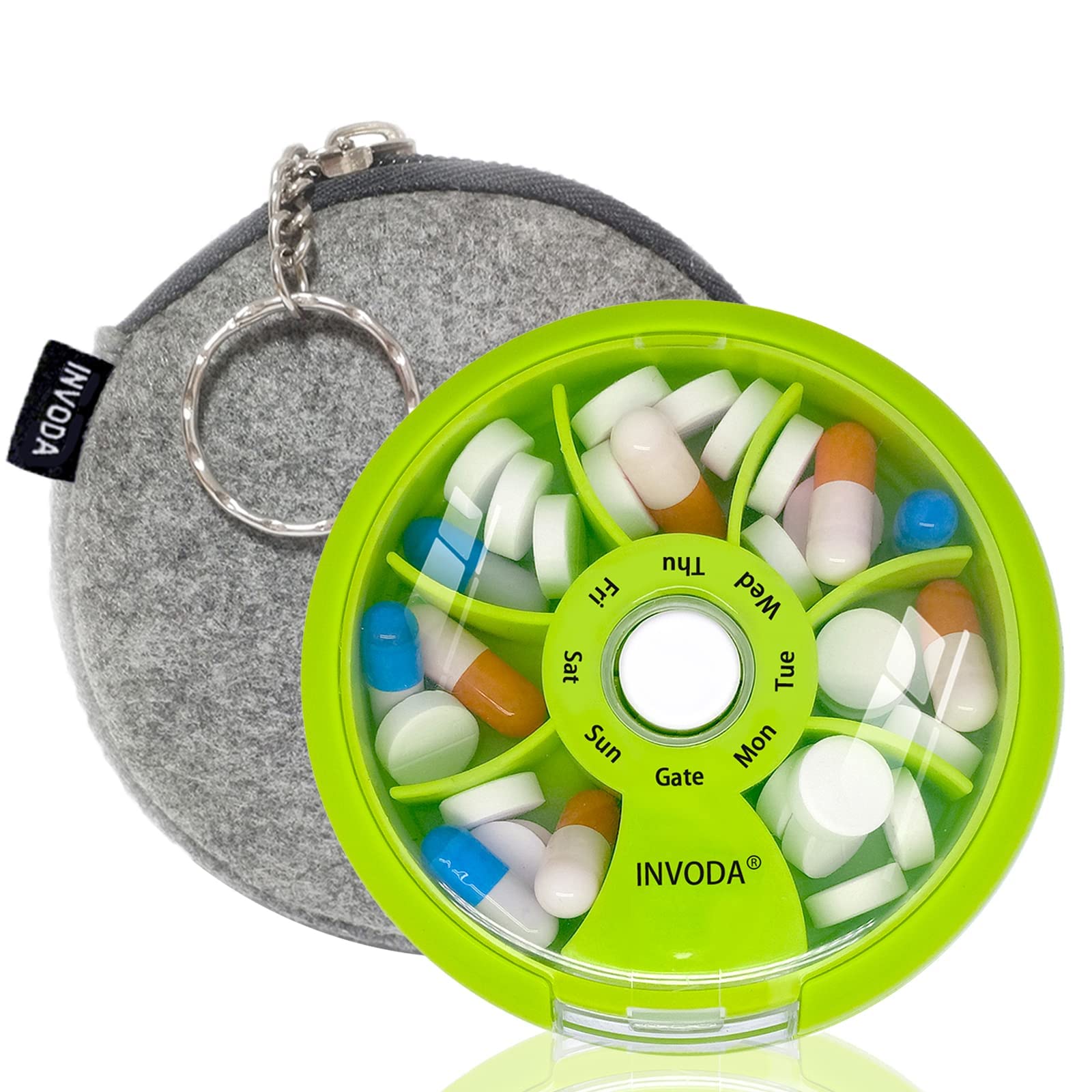 Pill Organizer Travel Pill Cases Weekly Cute Round Pill Box Purse Pill Container Portable Small Medicine Organizer(Green+Bag)