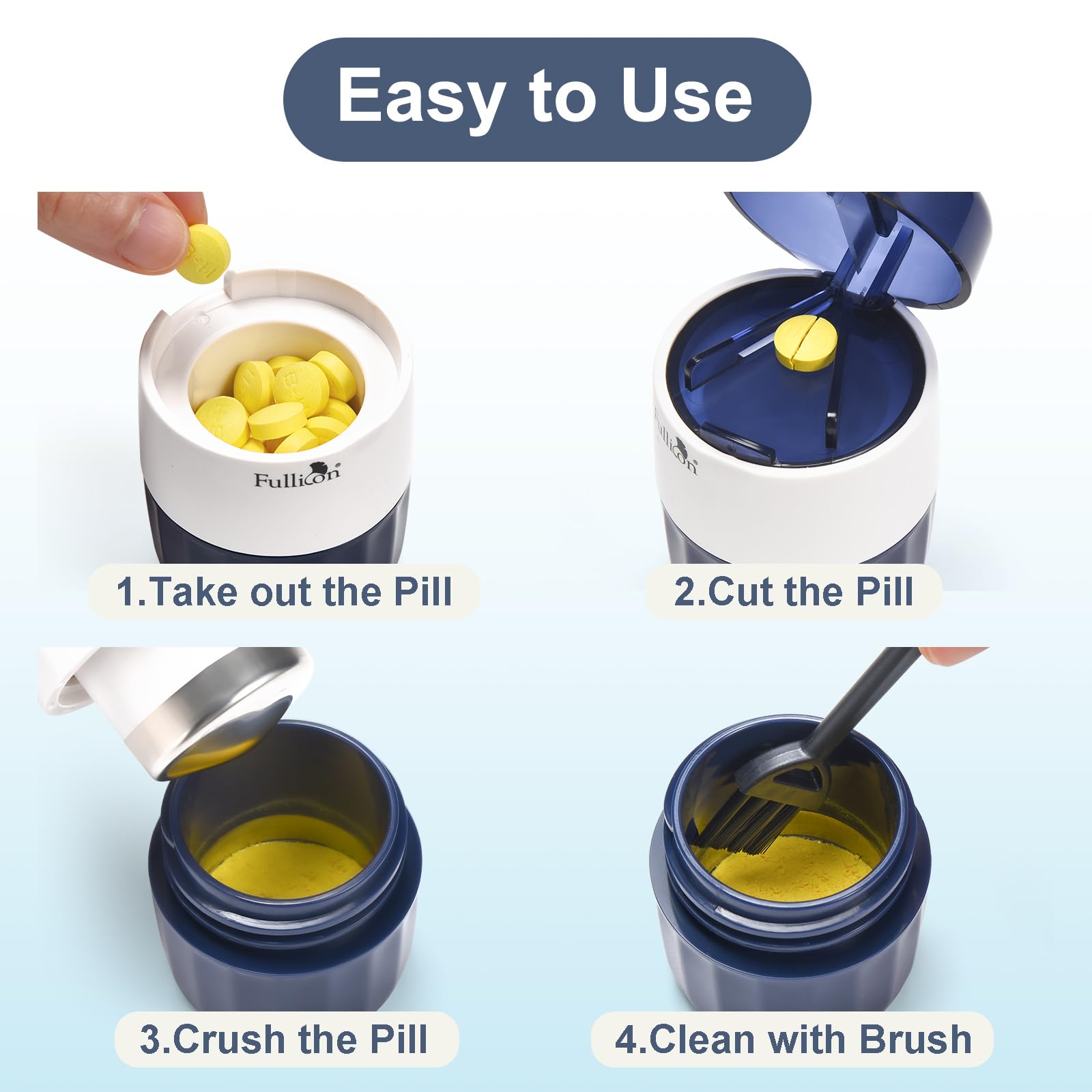 Fullicon 3 in 1 Pill Crusher Fine Powder with Stainless Steel Grinding Head, Pill Grinder for Elderly & Pet, Pill Cutter Splitte