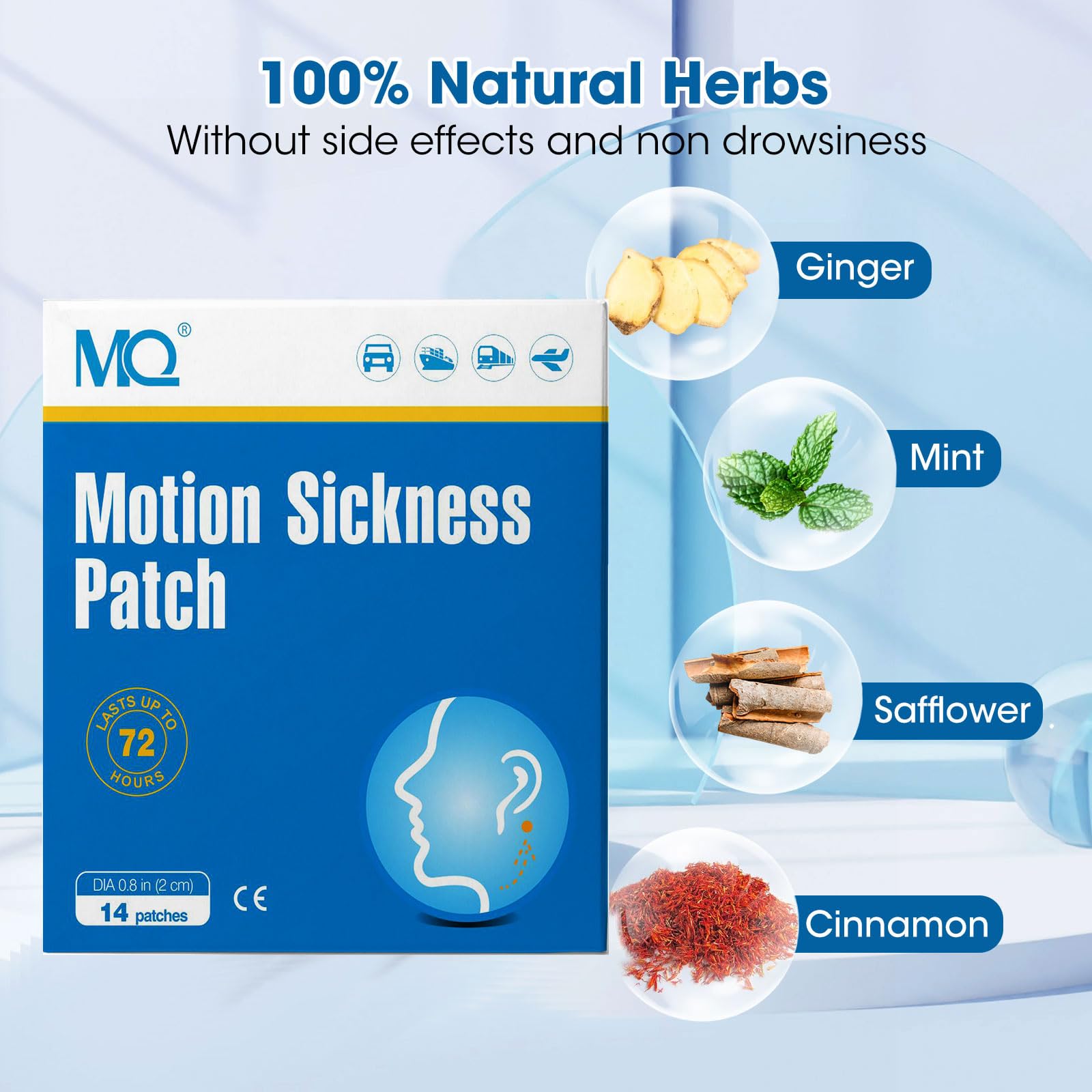 MQ 14 ct Motion Sickness Patches Non Drowsy Sea Sickness Patch for Cruise Travel Essentials, Waterproof Car Sick Patches Behind