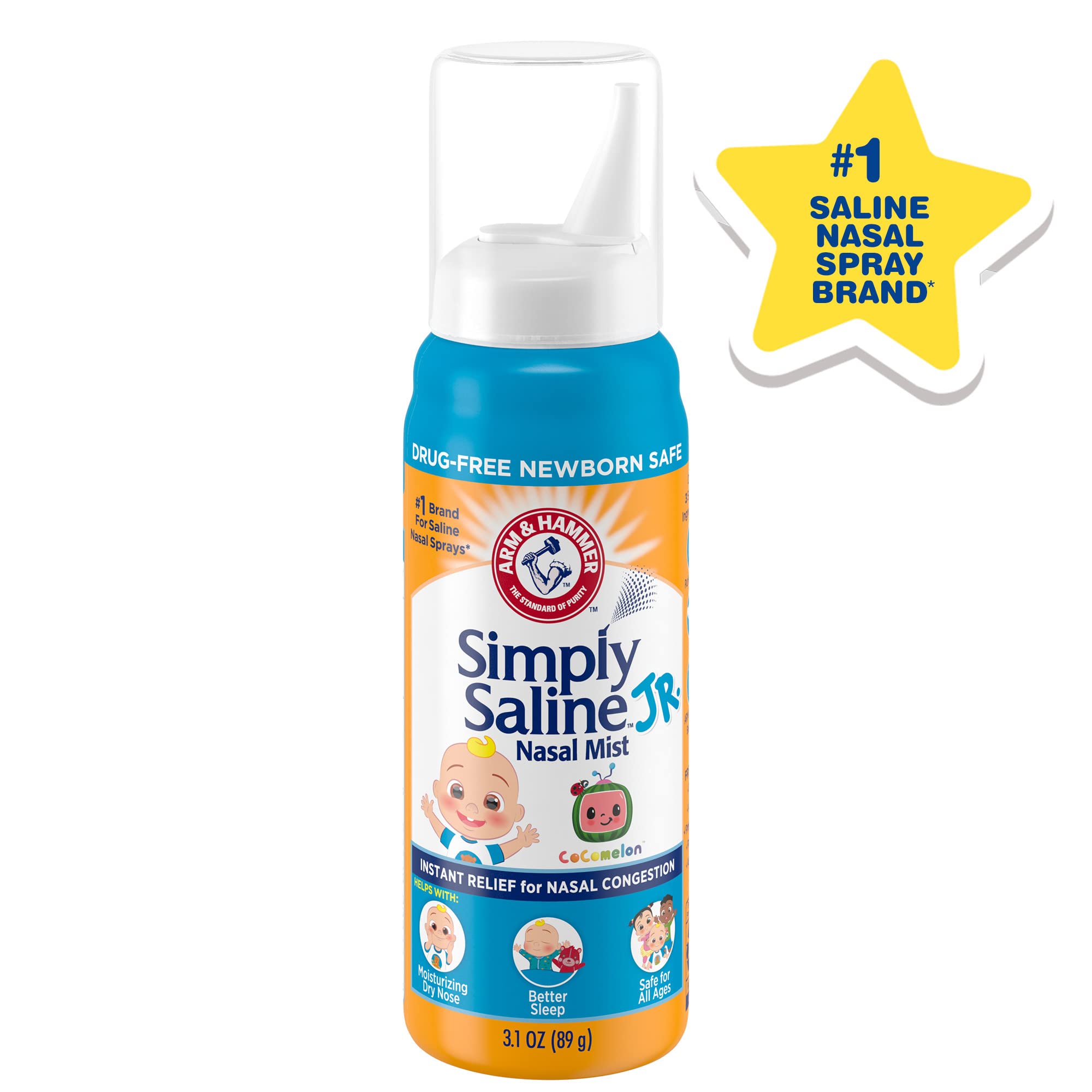 Arm & Hammer Simply Saline Jr. Nasal Mist 1.6oz, CoComelon, Drug-Free Newborn Safe, 1-Count