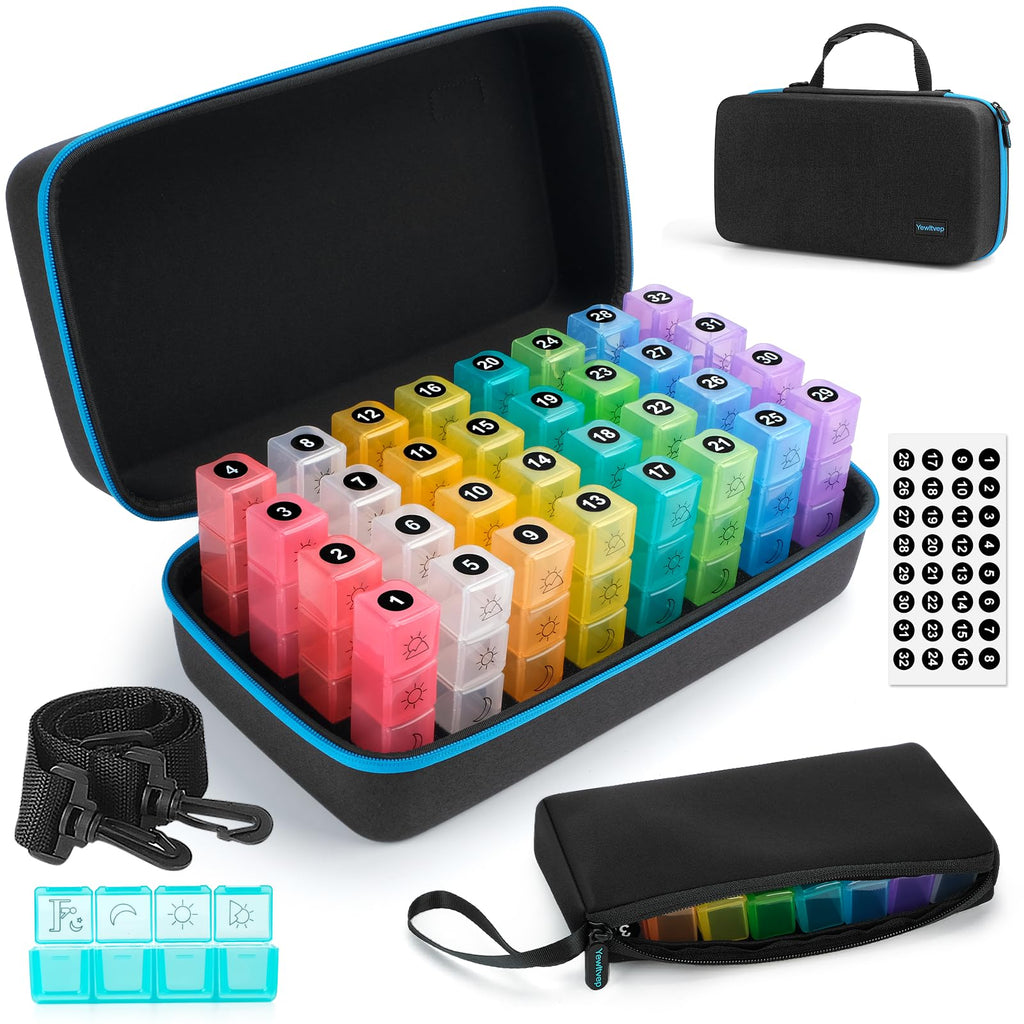 Yewltvep Monthly Pill Organizer 4 Times a Day, Pill Box Organizer with 32 Daily Compartments, 30 Day Pill Organizer 4 Times a Da