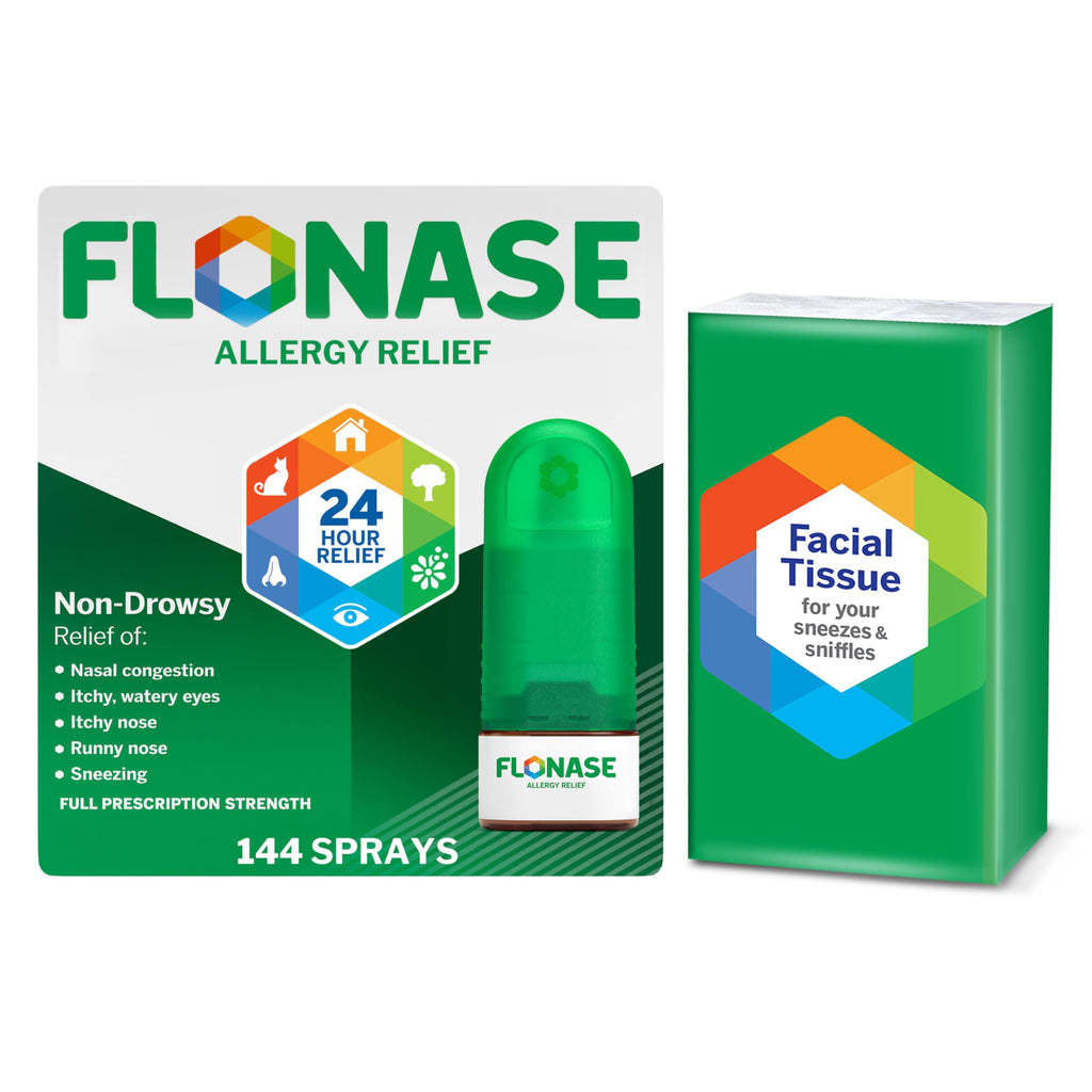 Flonase Allergy Relief Nasal Spray, 24-Hour Non-Drowsy Multi-Symptom Relief - 144 Sprays, Bonus Pack of Tissues