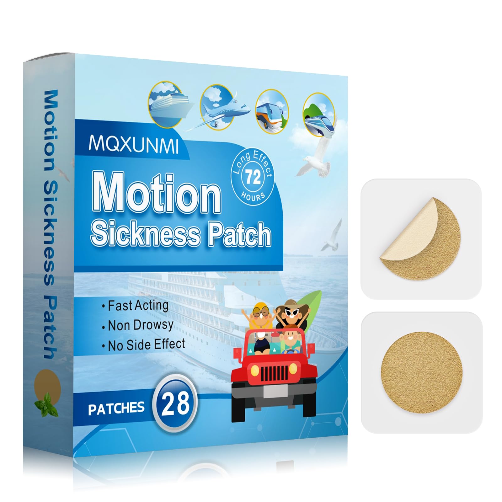 MQXUNMI Motion Sickness Patches, 28 pcs No-Drowsy Sea Sickness Patches for Car Sickness, Air Sickness and Travel Patch, Fast Eff