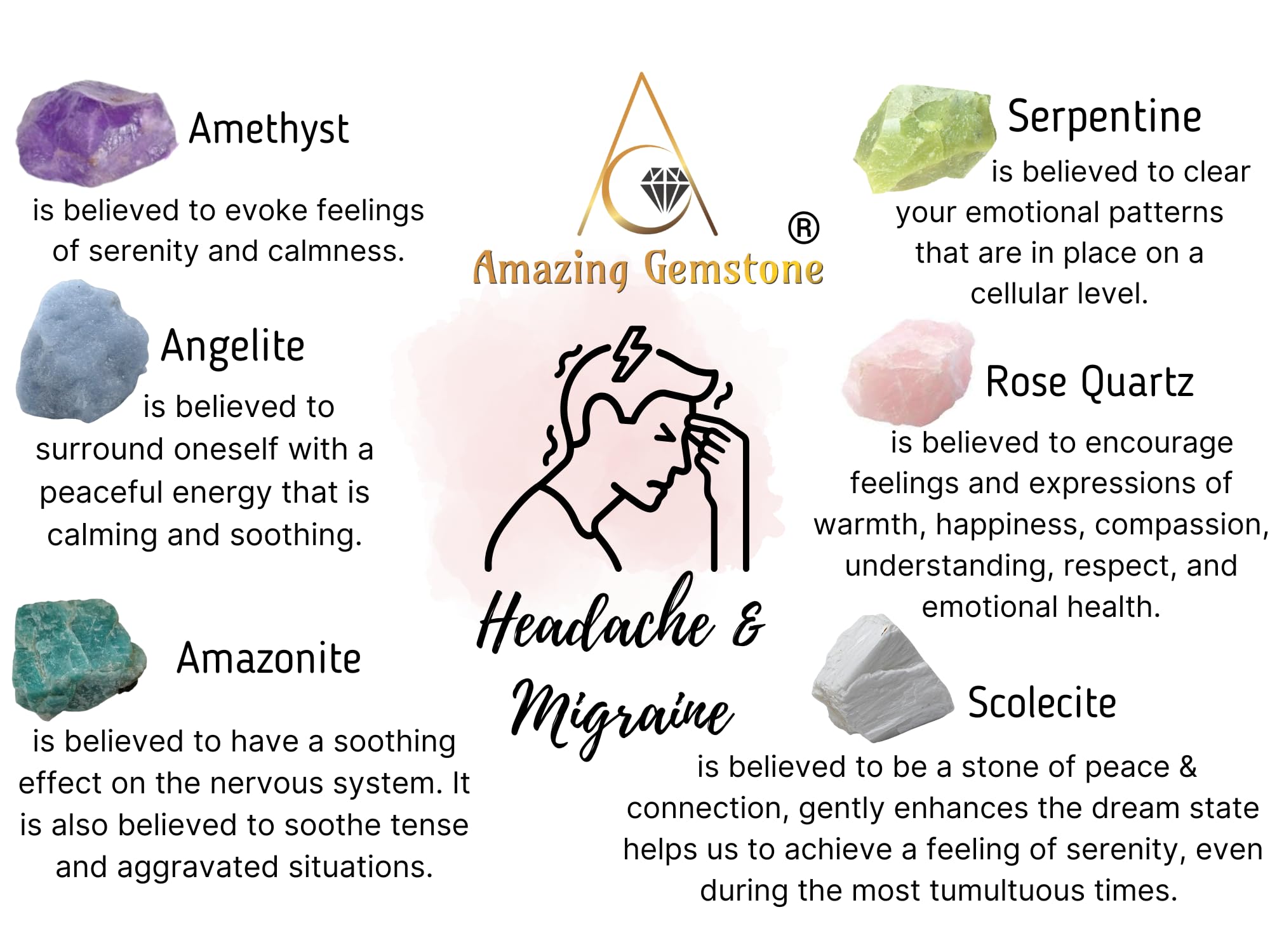Healing Crystals for Headaches and Migraine, Set of 6 Amethyst, Angelite, Amazonite, Rose Quartz, Scolecite and Serpentine Heali