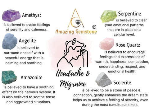 Healing Crystals for Headaches and Migraine, Set of 6 Amethyst, Angelite, Amazonite, Rose Quartz, Scolecite and Serpentine Heali