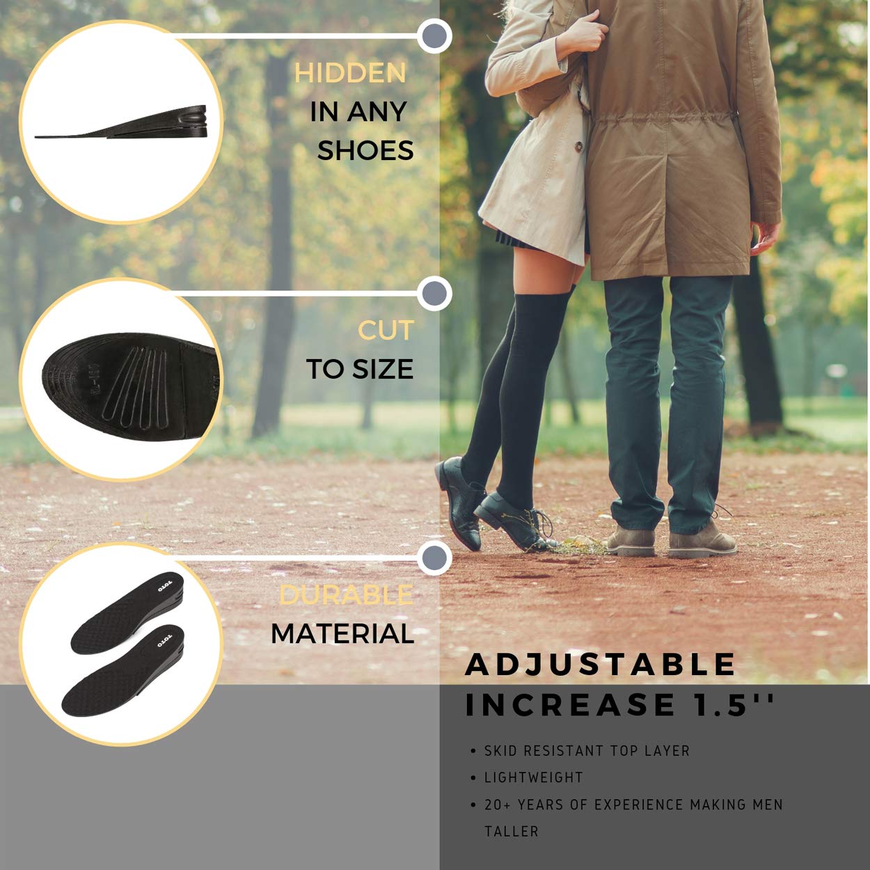 Height Increase Adjustable Elevator Shoe Lift Insoles for Men - 1 or 1.5 Inch Taller Heightening Liftkits - Size Large