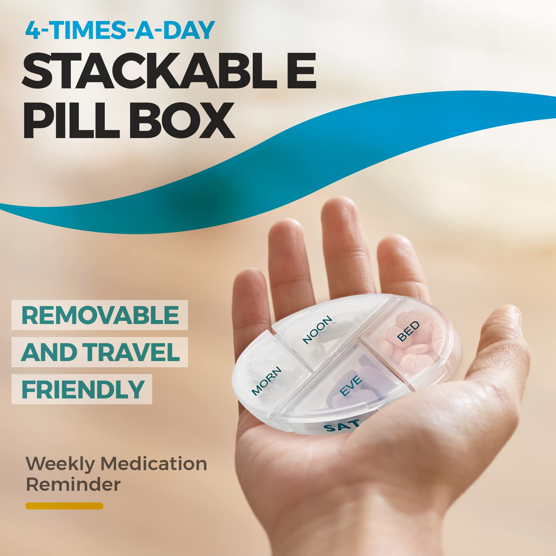 MEDca Weekly Pill Organizer, 1 Dispenser, 7 Stackable Compartments Four Times-a-Day - Morning, Noon, Evening, and Bedtime, Grey