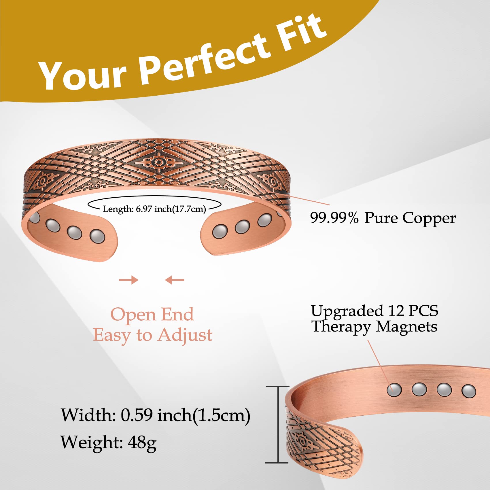 Feraco 12X Strength Wide Copper Bracelet for Men Magnetic Bracelets for Men with Neodymium Magnets, Pure Copper Jewelry Cuff Ban
