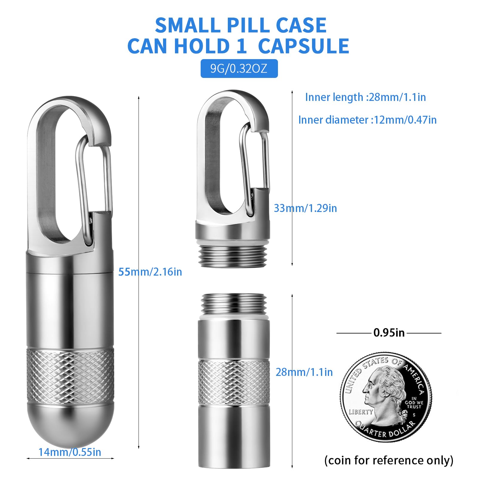 TISUR Titanium Pill Case, Keychain Holder, Travel Box Container, Portable Organizer, Waterproof Metal Bottle (Gray, Small - 1.06