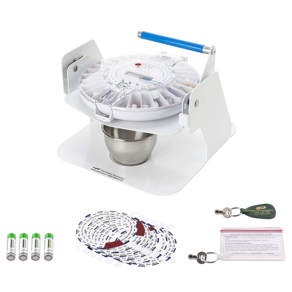 e-Pill MedTime Station - Locked Automatic Pill Dispenser with Tipper Base, 6 Alarm Settings - Transparent Clear Cover