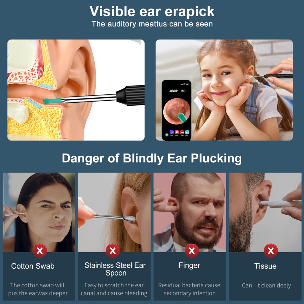 Bekhic Ear Wax Removal - Earwax Remover Tool with 8 Pcs Ear Set, Ear Cleaner with1080P HD Otoscope Camera, Built-in WiFi,Ear Cle