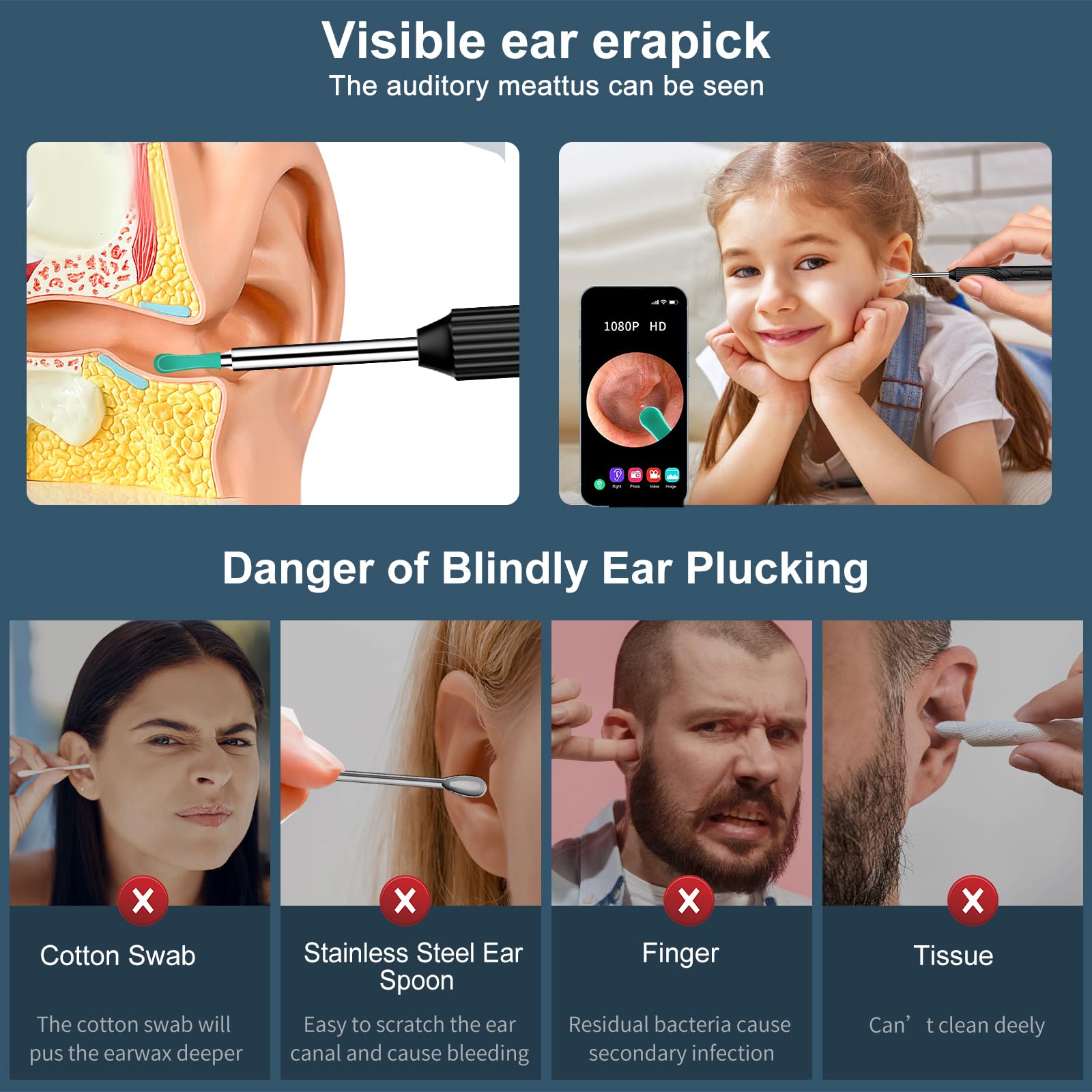 Bekhic Ear Wax Removal - Earwax Remover Tool with 8 Pcs Ear Set, Ear Cleaner with1080P HD Otoscope Camera, Built-in WiFi,Ear Cle