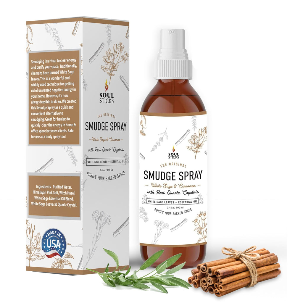 SOUL STICKS White Sage & Cinnamon Smudge Spray - 3.5oz Smokeless Energy Mist with Quartz Crystals - Non-Toxic Cleansing Spray fo