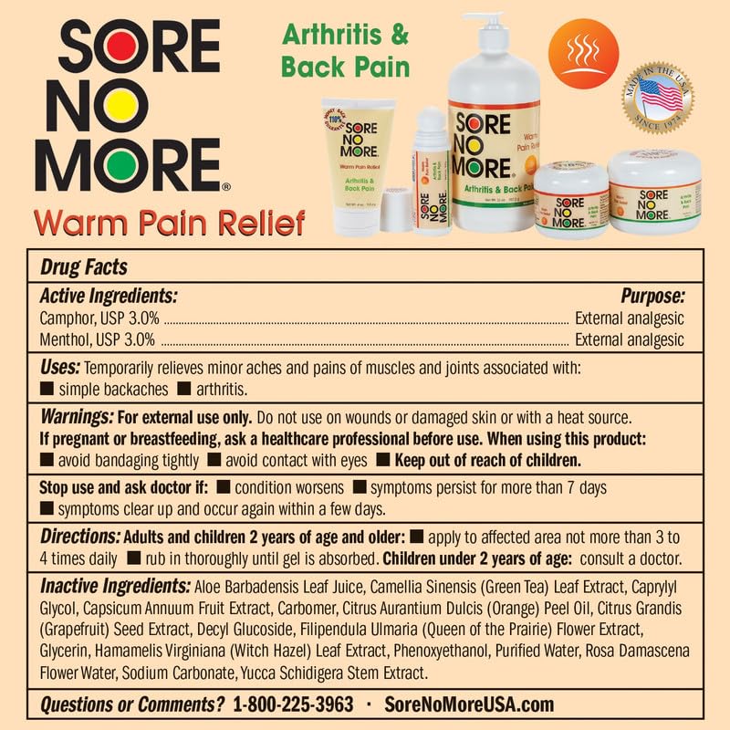 Sore No More Warm Relieving Gel for Aches & Pains associated with Arthritis & Simple Backaches, Absorbs Quickly with a Refreshin